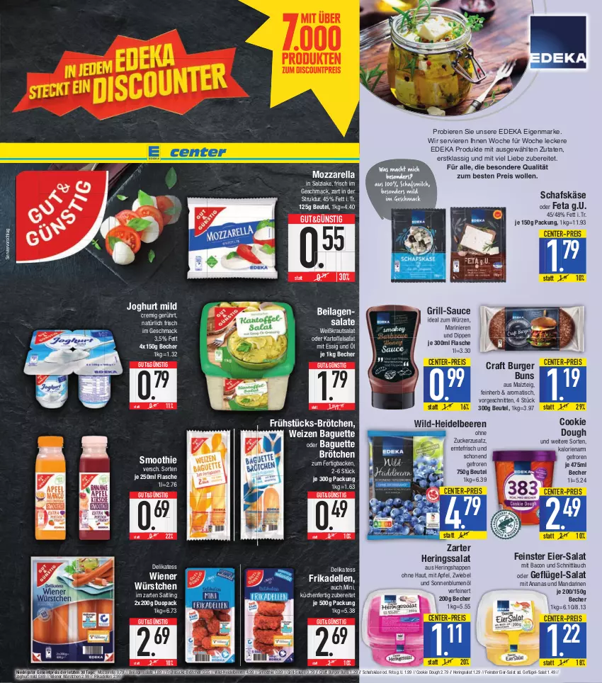 Aktueller Prospekt E Center - Angebote der Woche - von 27.06 bis 02.07.2022 - strona 19 - produkty: ananas, apfel, bacon, baguette, Becher, beere, beeren, beutel, bier, Biere, blume, blumen, blumenöl, brötchen, burger, burger buns, cookie, cookie dough, deka, dell, dip, eier, eis, elle, ente, essig, feta, flasche, frikadellen, Geflügel, grill, heidelbeere, heidelbeeren, hering, Herings, Heringshappen, ilag, im zarten saitling, joghur, joghurt, joghurt mild, kartoffel, kartoffelsalat, Käse, Kraut, krautsalat, küche, Küchen, mac, malz, mandarine, mandarinen, milch, mozzarella, reis, rel, ring, salat, salate, salz, sauce, schafskäse, schnitten, schnittlauch, smoothie, sonnenblume, sonnenblumen, sonnenblumenöl, Ti, tisch, wiener, wiener würstchen, Wild, wolle, würstchen, ZTE, zucker, zwiebel