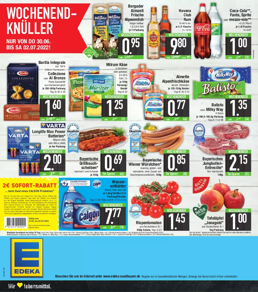 Aktueller Prospekt E Center - Angebote der Woche - von 27.06 bis 02.07.2022 - strona 20 - produkty: almette, alpenfrischkäse, alpenmilch, balisto, barilla, batterie, batterien, Bau, bauchscheiben, Becher, bergader, beutel, Brei, calgon, coca-cola, cola, coupon, coupons, deka, eis, entrecôte, erde, fanta, flasche, frischkäse, gin, grill, Grillbauch, hartweizen, Havana Club, jungbullen, Käse, korn, lebensmittel, LG, longlife, mac, Mett, milch, milky way, milram, ndk, pasta, reis, rispentomaten, rum, Schal, Schale, schwein, Spezi, sprite, tafeläpfel, Ti, tomate, tomaten, varta, wasser, wasserenthärter, wein, wiener, wiener würstchen, würstchen, ZTE