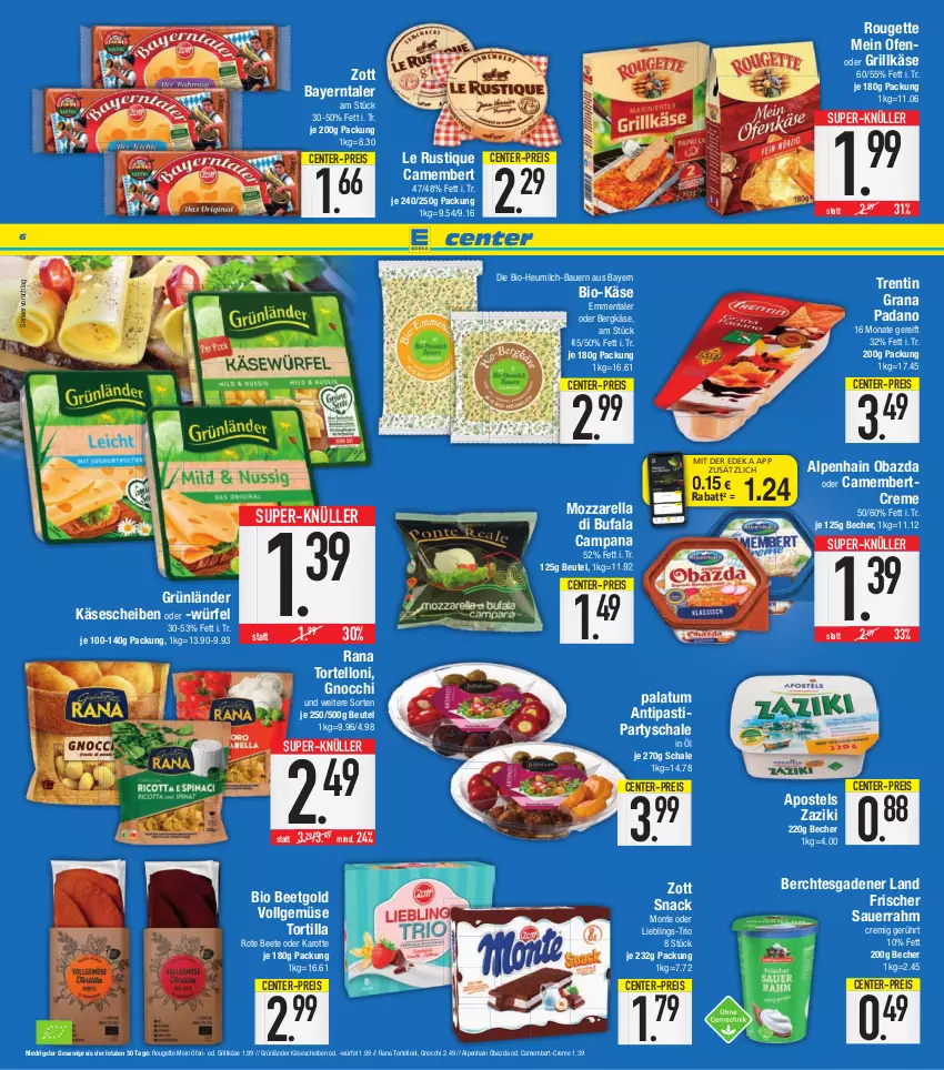 Aktueller Prospekt E Center - Angebote der Woche - von 27.06 bis 02.07.2022 - strona 6 - produkty: Alpenhain, antipasti, apostels, asti, auer, Bau, Bauer, Becher, Bergkäse, beutel, bio, Bio-Käse, camembert, coupon, creme, deka, di bufala, eis, emmentaler, ente, gnocchi, grana, grana padano, grill, Grillkäse, grünländer, Heu, heumilch, Käse, käsescheiben, Le Rustique, LG, milch, monte, mozzarella, nuss, obazda, Ofen, padano, Rana, reis, rel, rouge, rougette, Sauerrahm, Schal, Schale, snack, super-knüller, Ti, torte, tortelloni, tortilla, würfel, zaziki, zott, ZTE