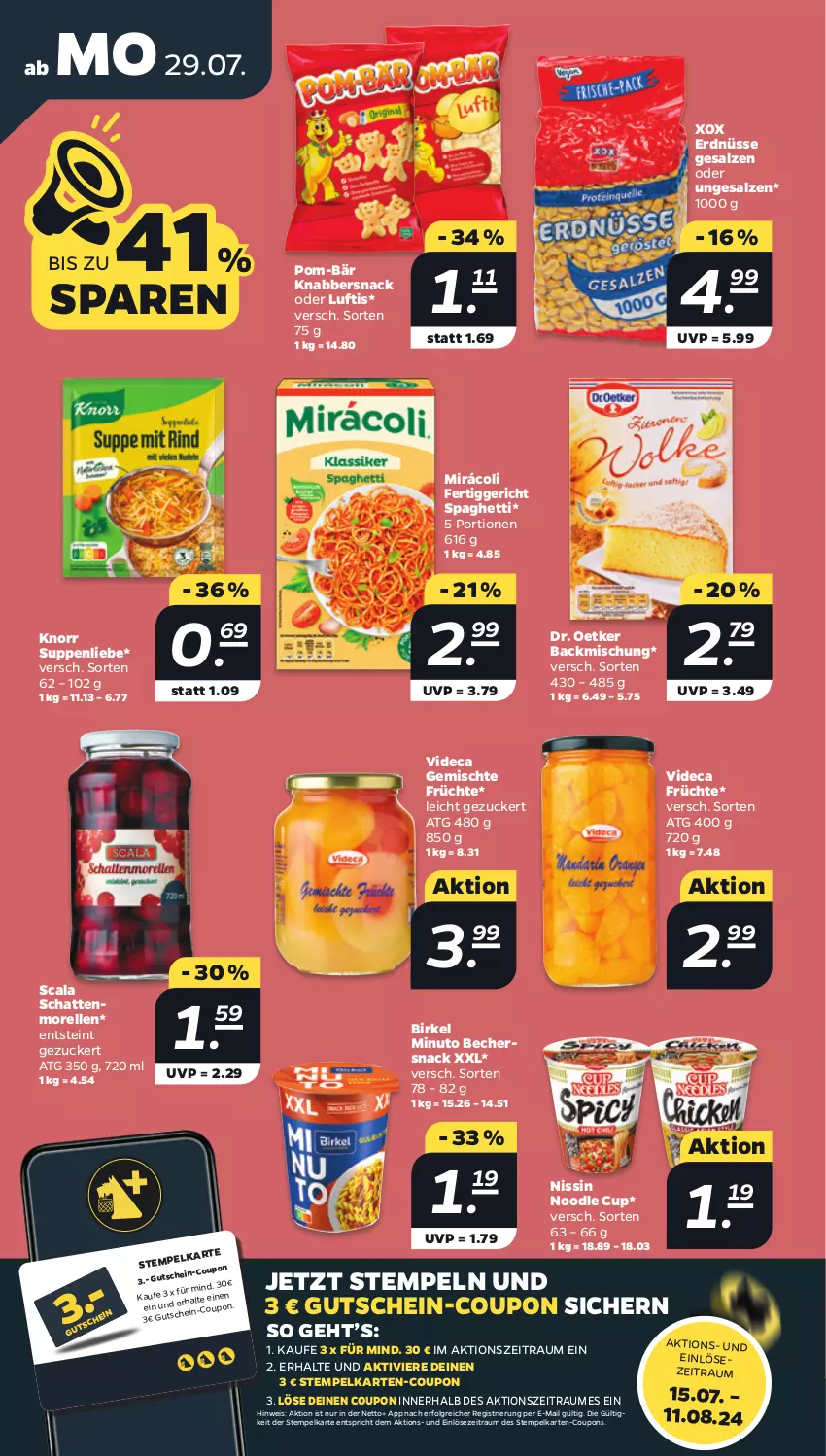 Aktueller Prospekt Netto - Woche 31 - von 29.07 bis 03.08.2024 - strona 10 - produkty: backmischung, Becher, birkel, coupon, coupons, Dr. Oetker, eis, elle, erdnüsse, fertiggericht, früchte, gutschein, KnabberSnack, knorr, LG, Mirácoli, morellen, Nissin, pom-bär, rel, salz, schattenmorellen, snack, spaghetti, suppe, suppen, suppenliebe, Ti, zucker