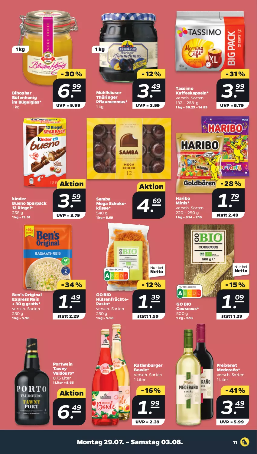 Aktueller Prospekt Netto - Woche 31 - von 29.07 bis 03.08.2024 - strona 11 - produkty: Ben’s Original, bihophar, bio, bowle, bügel, burger, couscous, eis, freixenet, früchte, gin, haribo, honig, hülsenfrüchte, kaffee, kaffeekapseln, katlenburger, Kinder, kinder bueno, LG, mühlhäuser, pasta, pflaume, pflaumen, pflaumenmus, Portwein, reis, riegel, ring, schoko, senf, sim, tassimo, Ti, valdo, wein