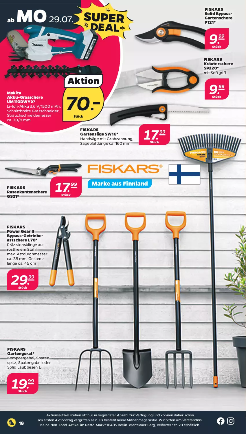 Aktueller Prospekt Netto - Woche 31 - von 29.07 bis 03.08.2024 - strona 18 - produkty: akku, auer, Brei, fiskars, gabel, Garten, Gartenschere, Grasschere, kräuter, li-ion-akku, Makita, messer, rasen, Rauch, säge, Schere, Spaten, Ti, ZTE