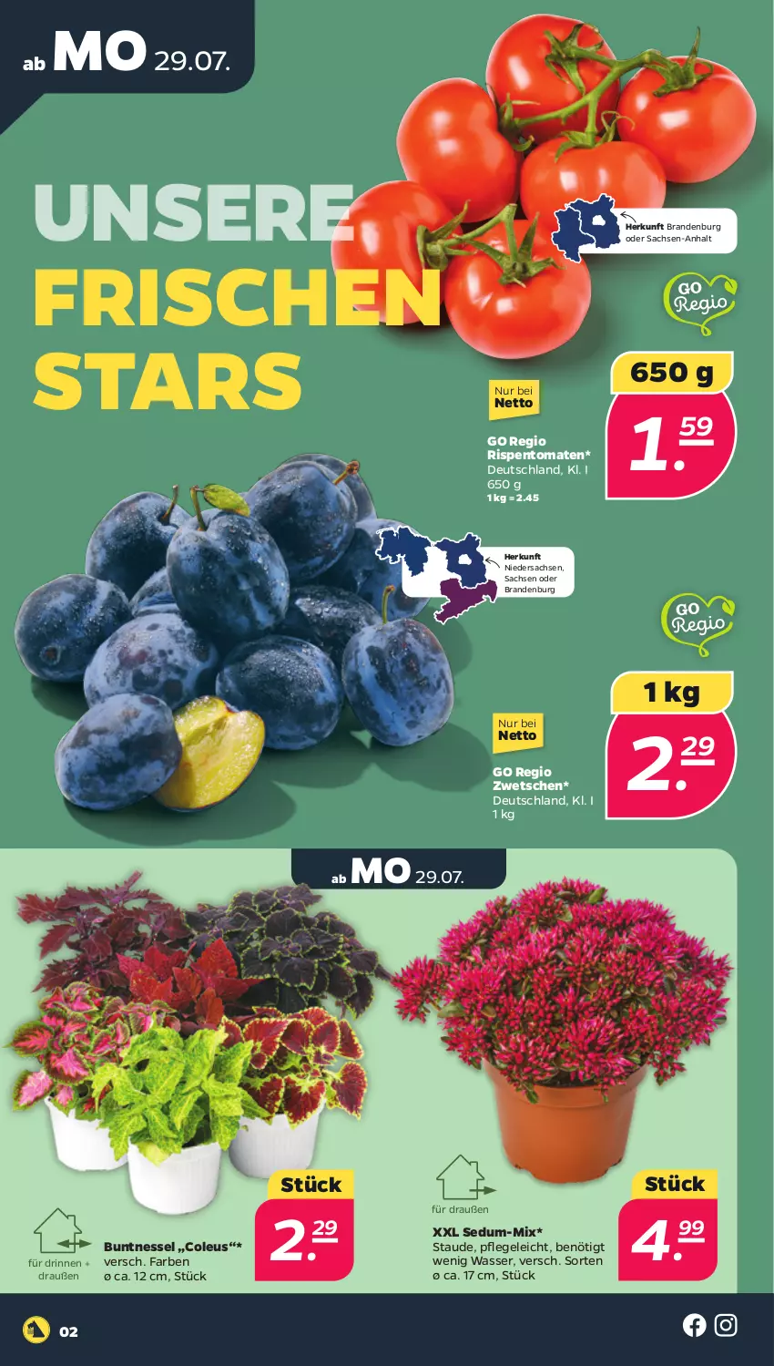 Aktueller Prospekt Netto - Woche 31 - von 29.07 bis 03.08.2024 - strona 2 - produkty: rispentomaten, sac, Ti, tomate, tomaten, wasser