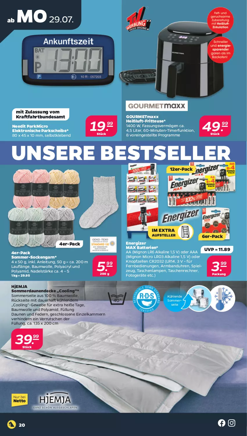 Aktueller Prospekt Netto - Woche 31 - von 29.07 bis 03.08.2024 - strona 20 - produkty: Armband, Armbanduhr, auer, batterie, batterien, Bau, baumwolle, daunen und federn, decke, Elektro, elle, energizer, fernbedienung, fritteuse, gourmetmaxx, kraft, Lampe, socken, spielzeug, Tasche, taschen, taschenlampe, Ti, timer, uhr, wolle