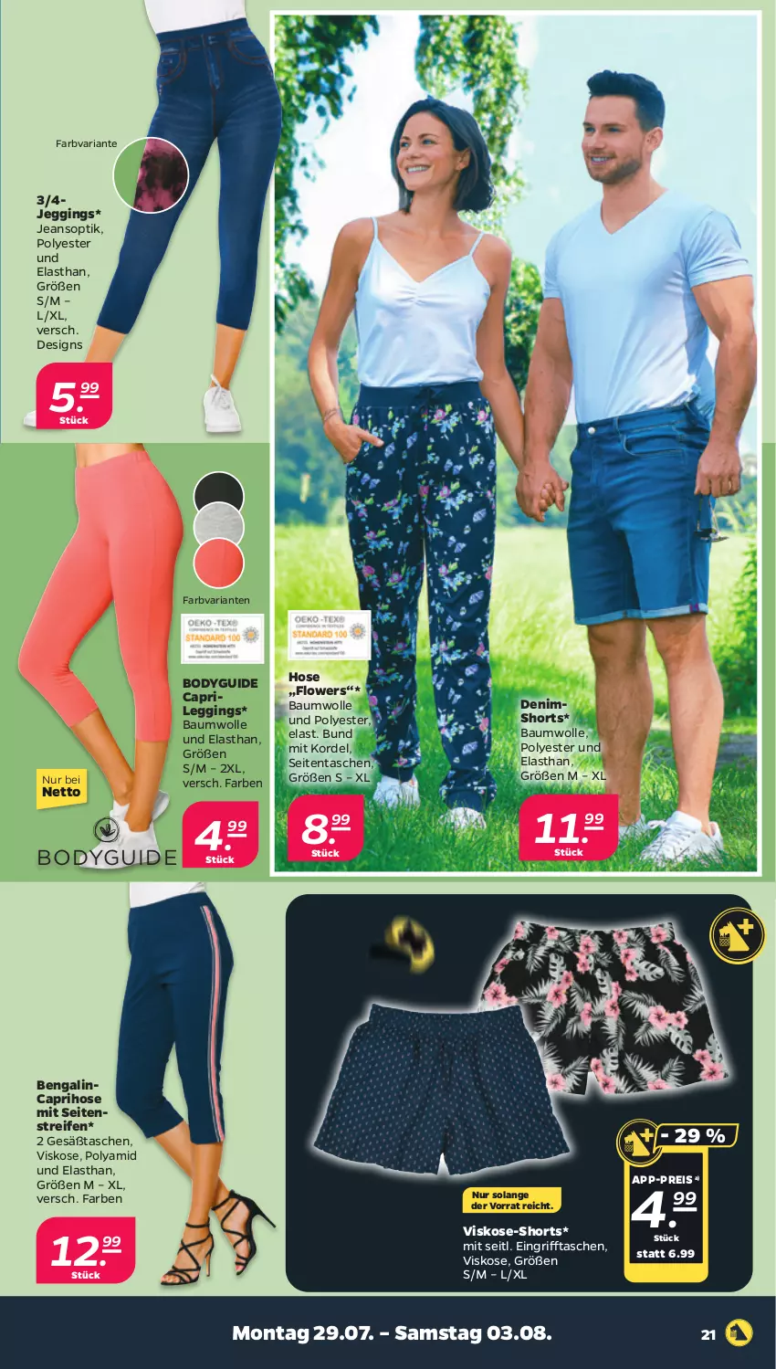 Aktueller Prospekt Netto - Woche 31 - von 29.07 bis 03.08.2024 - strona 21 - produkty: Bau, baumwolle, Bengalin, body, Cap, caprihose, eis, Flowers, gin, hose, jeans, leggings, pril, reifen, reis, Ria, shorts, Tasche, taschen, Ti, wolle