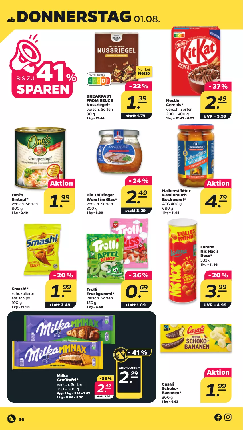 Aktueller Prospekt Netto - Woche 31 - von 29.07 bis 03.08.2024 - strona 26 - produkty: banane, bananen, bockwurst, Casali, cereals, chips, eintopf, eis, Kamin, lorenz, mais, milka, nestlé, nuss, nussriegel, Rauch, reis, riegel, ring, schoko, Schokobananen, Ti, topf, trolli, wurst