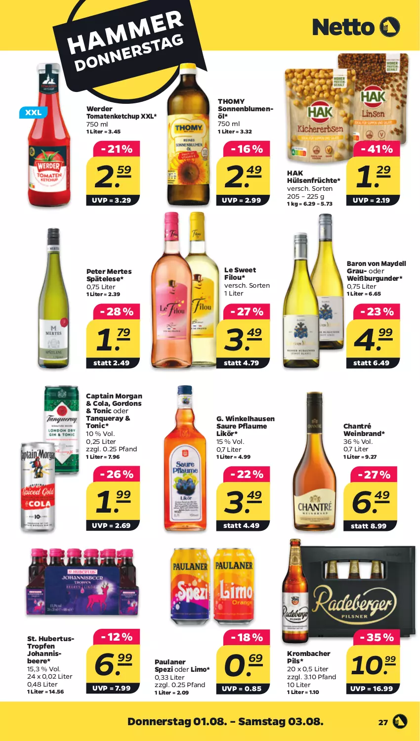 Aktueller Prospekt Netto - Woche 31 - von 29.07 bis 03.08.2024 - strona 27 - produkty: beere, blume, blumen, blumenöl, burgunder, Cap, captain morgan, chantré, cola, dell, erde, früchte, gordon, gordons, hülsenfrüchte, johannisbeere, ketchup, krombache, krombacher, krombacher pils, likör, limo, Paula, paulaner, pflaume, pils, senf, sonnenblume, sonnenblumen, sonnenblumenöl, Spezi, Tanqueray, thomy, tomate, tomaten, tomatenketchup, tonic, wein, weinbrand, Weißburgunder, winkelhausen