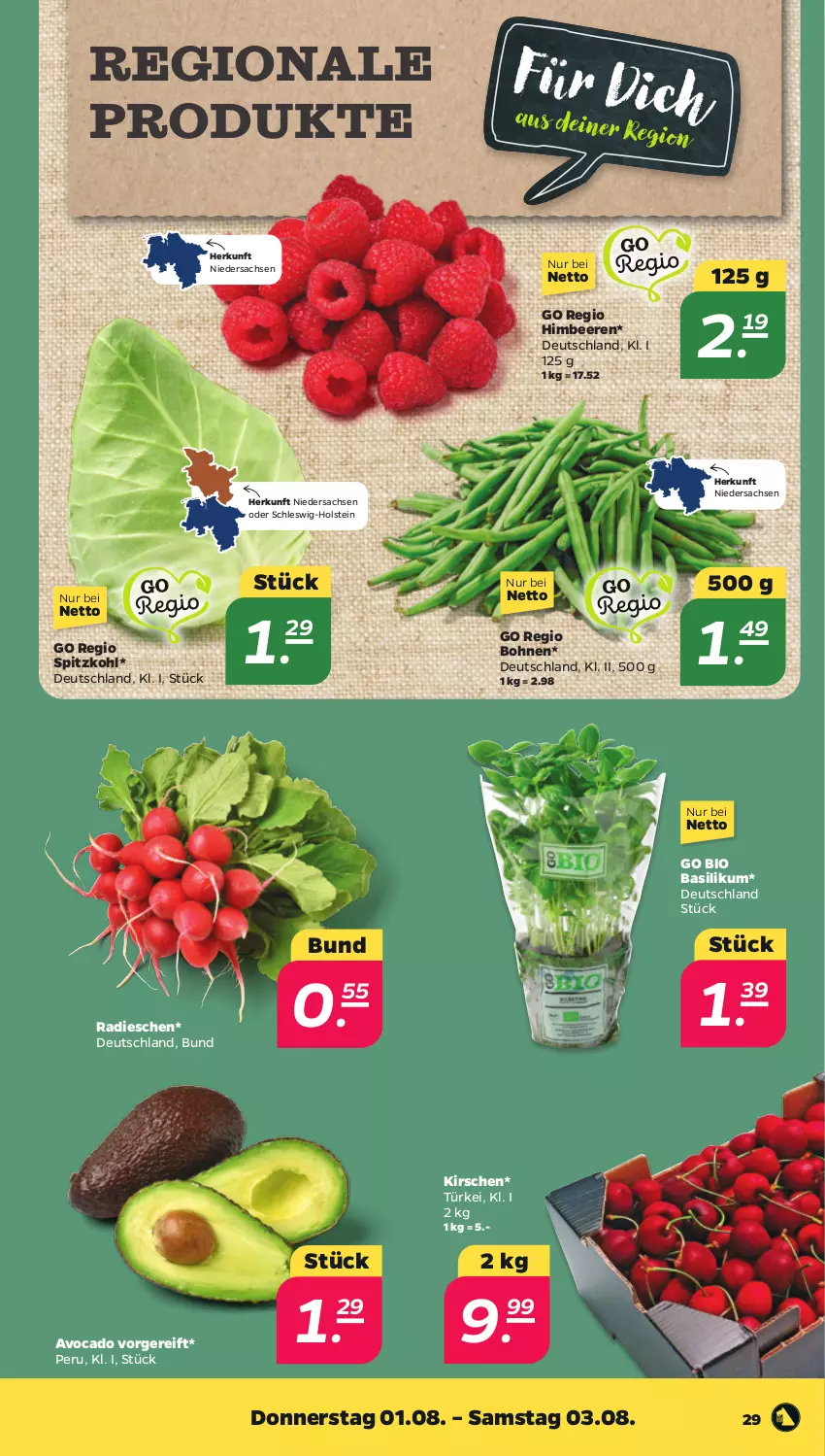 Aktueller Prospekt Netto - Woche 31 - von 29.07 bis 03.08.2024 - strona 29 - produkty: avocado, basilikum, beere, beeren, bio, bohne, bohnen, himbeer, himbeere, himbeeren, kirsch, kirsche, kirschen, radieschen, sac, spitzkohl