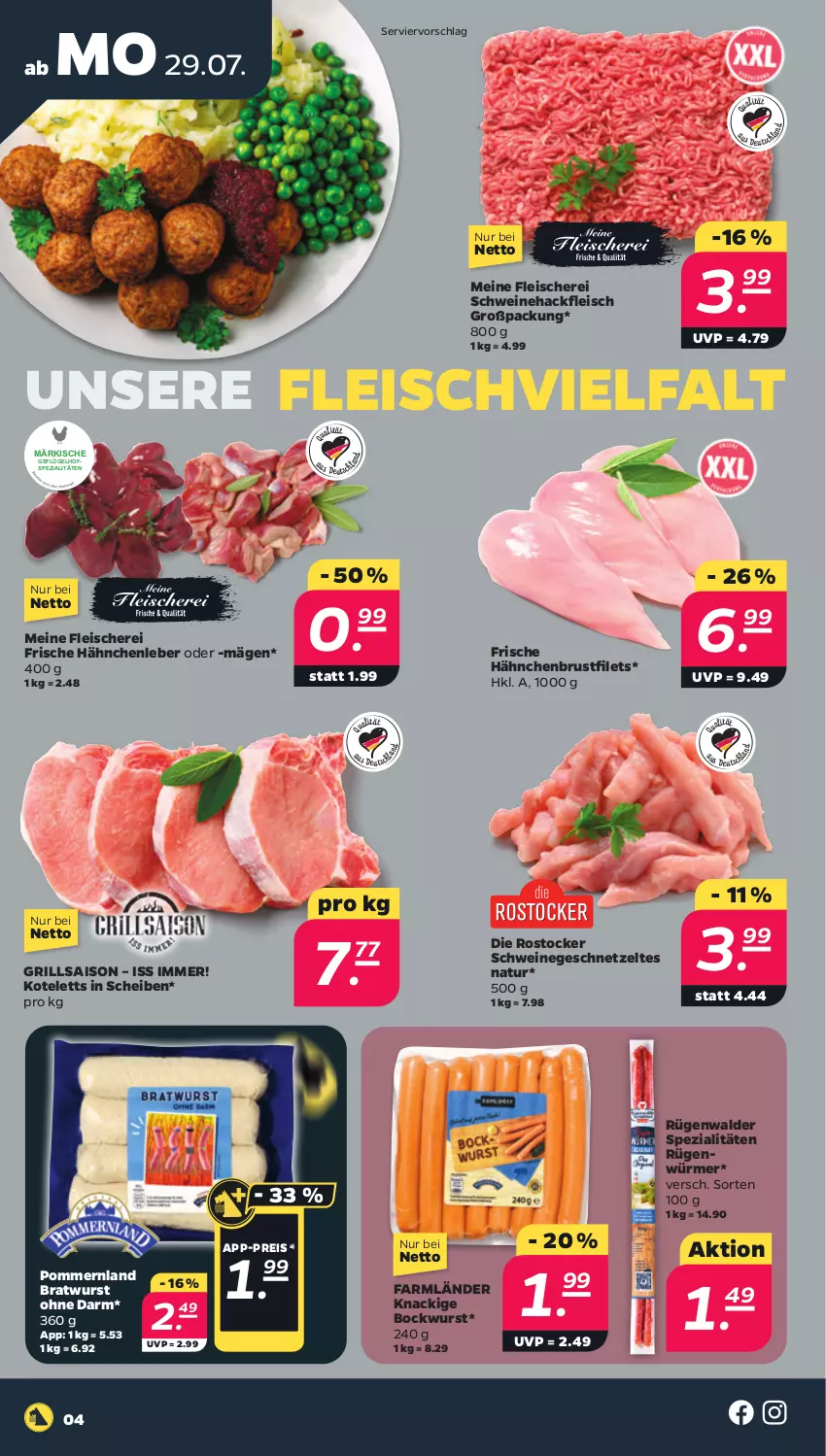 Aktueller Prospekt Netto - Woche 31 - von 29.07 bis 03.08.2024 - strona 4 - produkty: bockwurst, bratwurst, brustfilet, eis, filet, filets, fleisch, Fleischerei, Frische Hähnchen, Geflügel, geschnetzeltes, grill, hackfleisch, hähnchenbrust, hähnchenbrustfilet, kotelett, natur, reis, Rostocker, rügenwalder, Schere, schwein, schweine, Schweinehackfleisch, Spezi, Ti, wein, weine, wurst, Zelt