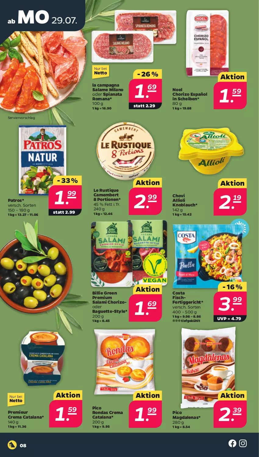 Aktueller Prospekt Netto - Woche 31 - von 29.07 bis 03.08.2024 - strona 8 - produkty: allioli, baguette, camembert, chorizo, chovi, fertiggericht, fisch, knoblauch, Le Rustique, patros, salami, Ti