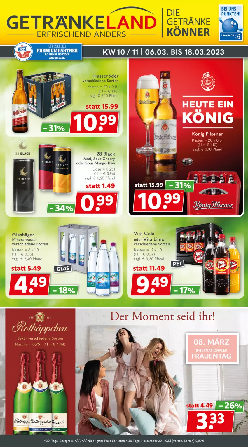 Aktueller Prospekt Getraenkeland - von 06.03 bis 18.03.2023 - strona 1 - produkty: Alwa, bestpreis, cola, eis, flasche, hasseröder, kiwi, lack, limo, mango, mineralwasser, reis, sekt, vita, Vita C, wasser, ZTE