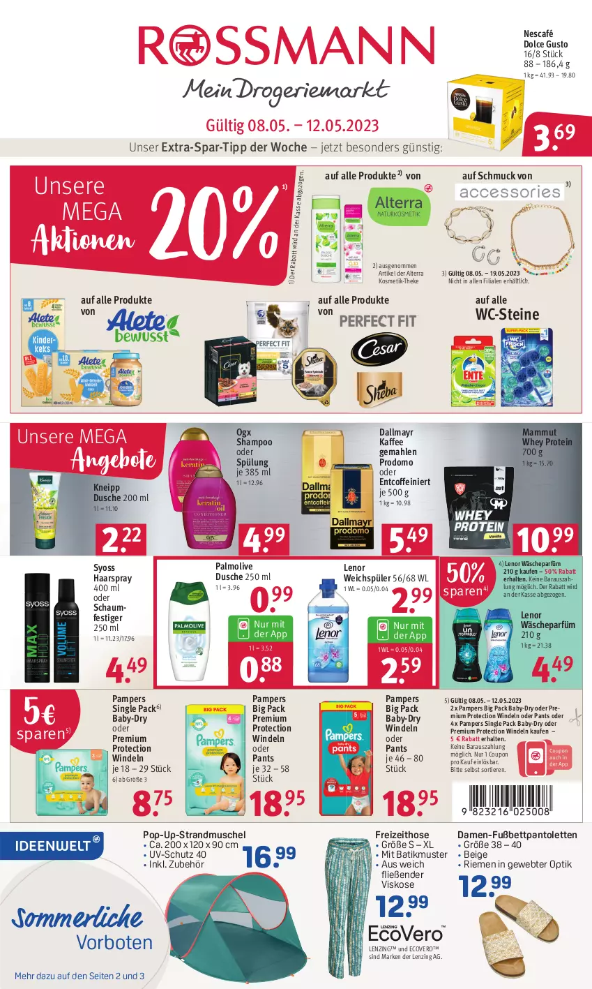 Aktueller Prospekt Rossmann - Prospekte - von 08.05 bis 12.05.2023 - strona 1 - produkty: alterra, angebot, angebote, baby-dry, bett, coffein, coupon, dallmayr, dolce gusto, dusche, ecovero, haarspray, hose, kaffee, kneipp, kosmetik, lenor, lenor weichspüler, lenzing, mam, merl, Nescafé, oder schaumfestiger, olive, palmolive, pampers, pantolette, pantoletten, Pants, prodomo, schaumfestiger, Schmuck, shampoo, shampoo oder spülung, spülung, syoss, Ti, Tiere, uv-schutz, wäscheparfüm, WC-Steine, weichspüler, windeln, windeln oder pants, Yo