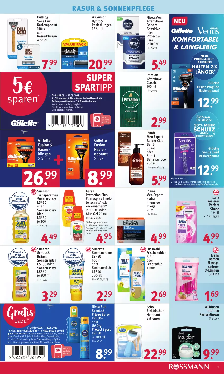 Aktueller Prospekt Rossmann - Prospekte - von 08.05 bis 12.05.2023 - strona 9 - produkty: after shave, Autan, balsam, bio, biozidprodukte, Bulldog, coupon, creme, dusche, einwegrasierer, ente, Fusswohl, gillette, gillette venus, HP, insektenschutz, isana, Lotion, milch, nivea, Nivea Men, nivea sun, Peeling, rasierapparat, rasierer, Rasierklinge, rasierklingen, Rauch, reifen, rwe, sana, scholl, sekt, shampoo, sonnencreme, sonnenmilch, sonnenspray, spartipp, Sport, Sun Lotion, swirl, Ti, Tiere, venus, wilkinson