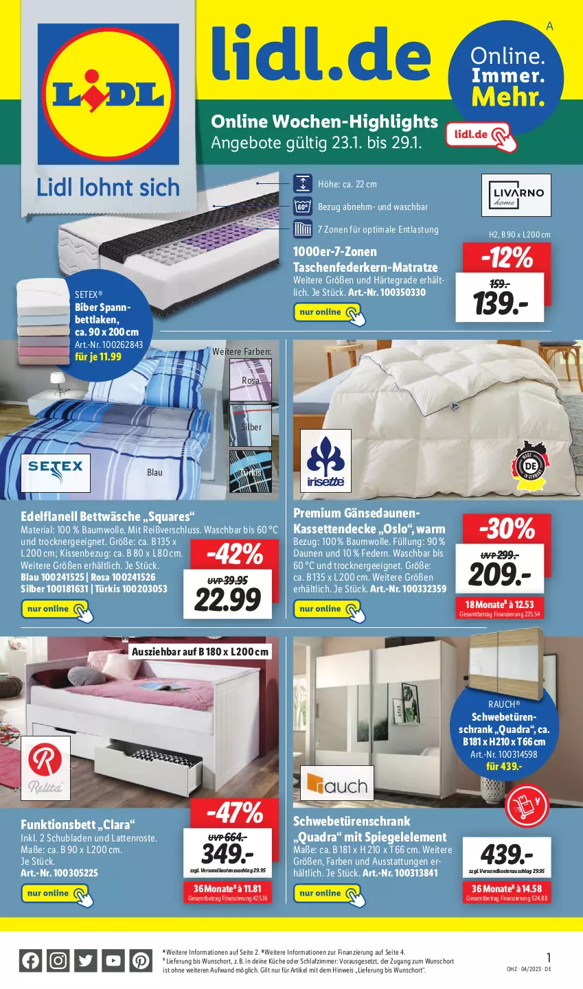 Aktueller Prospekt Lidl - Wochen-Highlights im Onlineshop - von 23.01 bis 29.01.2023 - strona 1 - produkty: angebot, angebote, Bau, baumwolle, bett, bettwäsche, decke, eis, Ergee, federkern, Kassettendecke, kissen, Kissenbezug, küche, latte, lattenrost, matratze, ndk, quad, Rauch, Ria, schlafzimmer, Schrank, schubladen, schwebetürenschrank, spannbettlaken, spiegel, Tasche, taschen, taschenfederkern-matratze, Ti, Trockner, türenschrank, wolle