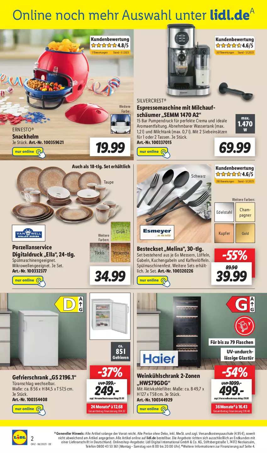 Aktueller Prospekt Lidl - Wochen-Highlights im Onlineshop - von 23.01 bis 29.01.2023 - strona 2 - produkty: angebot, angebote, besteck, besteckset, champagne, champagner, edelstahl, eis, elle, ernesto, espresso, flasche, gabel, gefrierschrank, Glastür, kaffee, kuchen, kühlschrank, LG, Löffel, messer, mikrowelle, milch, milchaufschäumer, ndk, reis, rel, Schal, Schale, Schrank, silvercrest, snack, spülmaschinen, tasse, telefon, Ti, türanschlag wechselbar, uhr, wasser, wassertank, wein