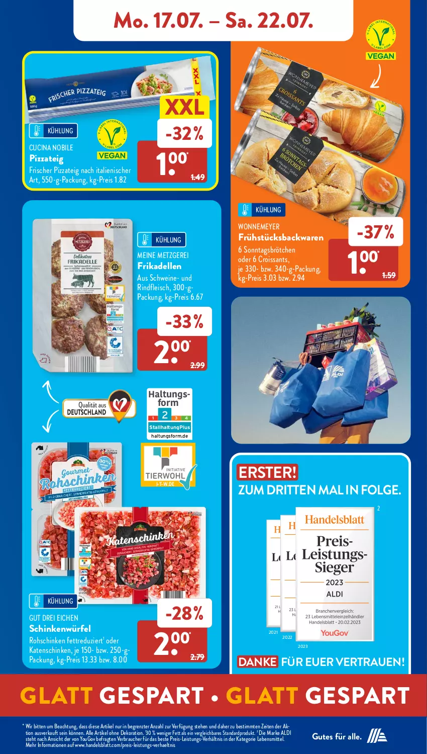 Aktueller Prospekt AldiSud - NÄCHSTE WOCHE - von 17.07 bis 22.07.2023 - strona 11 - produkty: aldi, alle artikel ohne dekoration, backwaren, brötchen, cin, Croissant, croissants, dekoration, dell, eis, elle, fleisch, frikadellen, katenschinken, lebensmittel, LG, pizza, Pizzateig, Rauch, reis, rind, rindfleisch, rohschinken, schinken, schwein, schweine, Sonntagsbrötchen, Ti, wein, weine, würfel, Yo, ZTE