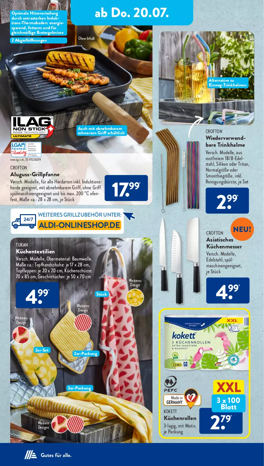 Aktueller Prospekt AldiSud - NÄCHSTE WOCHE - von 17.07 bis 22.07.2023 - strona 20 - produkty: aldi, Bau, baumwolle, bürste, Crofton, dell, edelstahl, elle, ente, erde, geschirr, geschirrtücher, grill, Grillpfanne, Grillzubehör, handschuhe, herdarten, küche, Küchen, küchenrolle, küchenrollen, Küchenschürze, LG, messer, Mode, Ofen, pfanne, Reinigung, reinigungsbürste, Ria, rwe, schuhe, Schürze, smoothie, spülmaschinen, Ti, tisch, topf, Trinkhalme, tücher, wolle