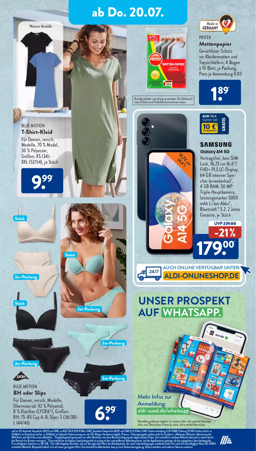 Aktueller Prospekt AldiSud - NÄCHSTE WOCHE - von 17.07 bis 22.07.2023 - strona 23 - produkty: akku, aldi, aldi talk, Betriebssystem, bio, biozidprodukte, dell, eis, elle, hardware, hauptkamera, käfer, kamera, kleid, kleider, li-ion-akku, Mode, papier, Rauch, reis, Ria, ring, Ritex, rwe, shirt, sim, slip, slips, T-Shirt, teppich, Ti