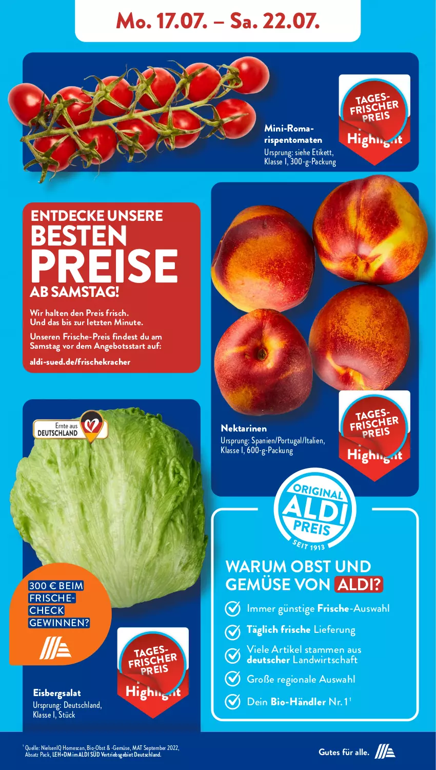 Aktueller Prospekt AldiSud - NÄCHSTE WOCHE - von 17.07 bis 22.07.2023 - strona 7 - produkty: aldi, angebot, bio, Bio-Obst, decke, eis, eisbergsalat, elle, kracher, Nektar, nektarinen, obst, Obst und Gemüse, reis, rispentomaten, rum, salat, Ti, tomate, tomaten, und gemüse, ZTE