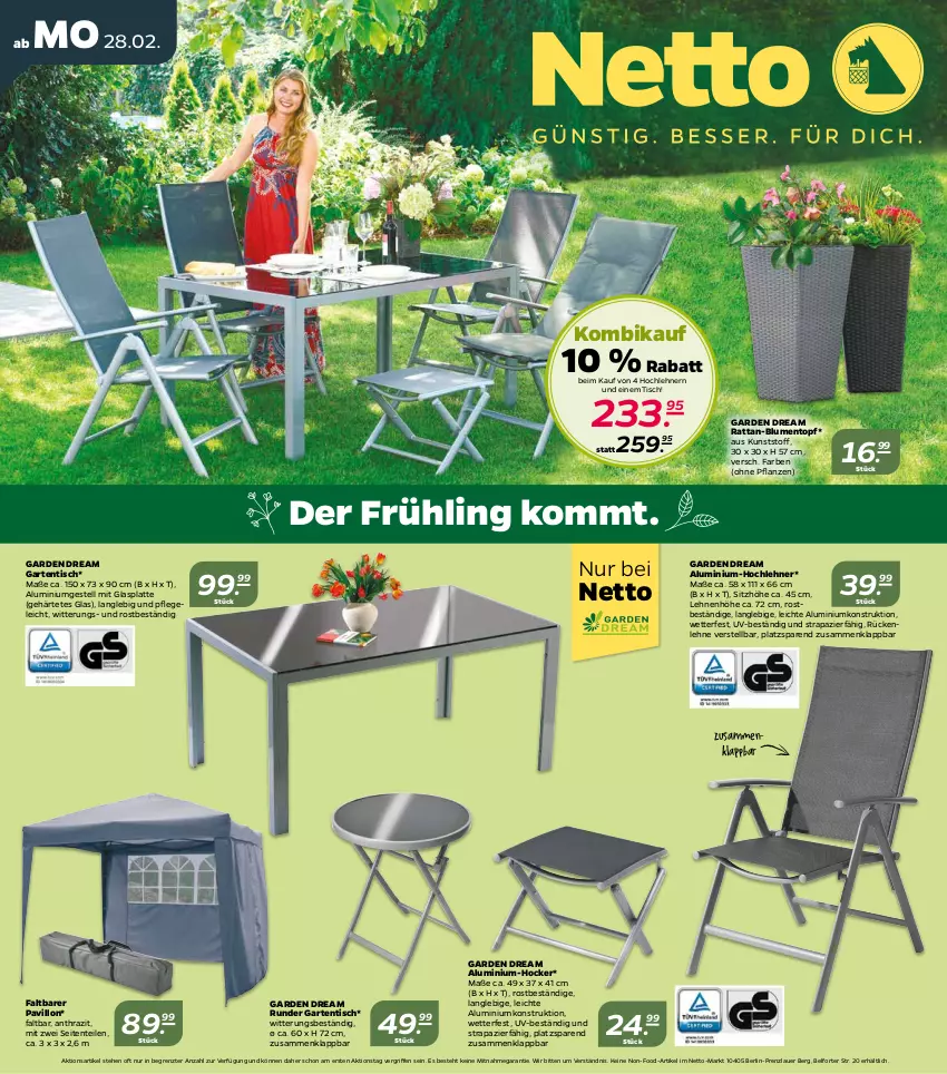 Aktueller Prospekt Netto - Angebote ab Montag - von 28.02 bis 05.03.2022 - strona 1 - produkty: aluminiumgestell, auer, blume, blumen, ente, Garten, gartentisch, glasplatte, hocker, latte, pavillon, pflanze, pflanzen, rückenlehne, Sitzhöhe, Ti, tisch, topf, ZTE