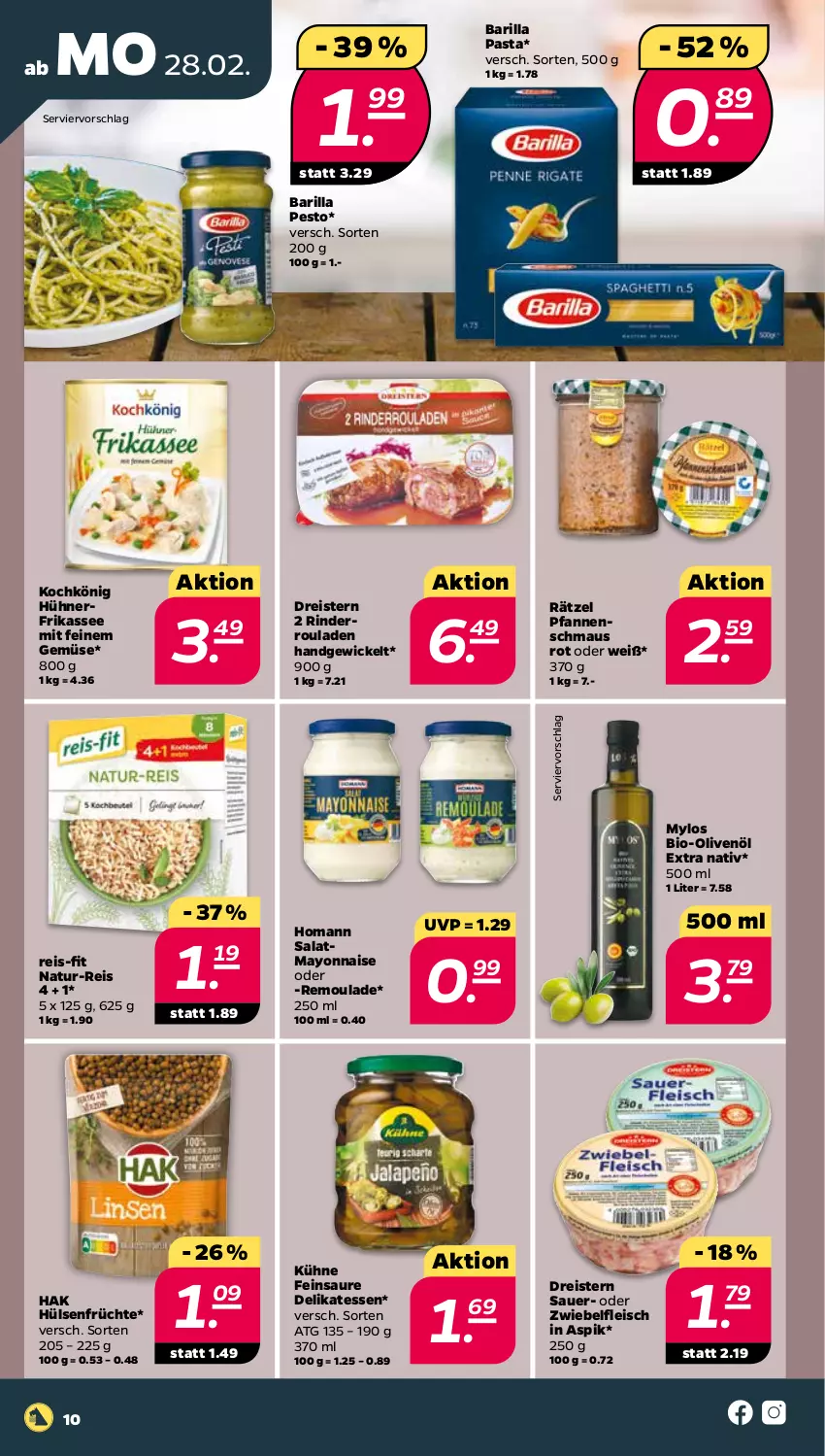 Aktueller Prospekt Netto - Angebote ab Montag - von 28.02 bis 05.03.2022 - strona 11 - produkty: auer, barilla, bio, Bio-Olivenöl, braun, dreistern, eis, fleisch, früchte, homann, hühner, hülsenfrüchte, Kühne, Maus, mayonnaise, natur, natur-reis, nerf, nudel, nudeln, olive, oliven, olivenöl, olivenöl extra, pasta, pesto, pfanne, pfannen, reis, reis-fit, remoulade, rind, rinder, Rinderroulade, rinderrouladen, rouladen, salat, senf, Ti, WICK, Yo, zwiebel