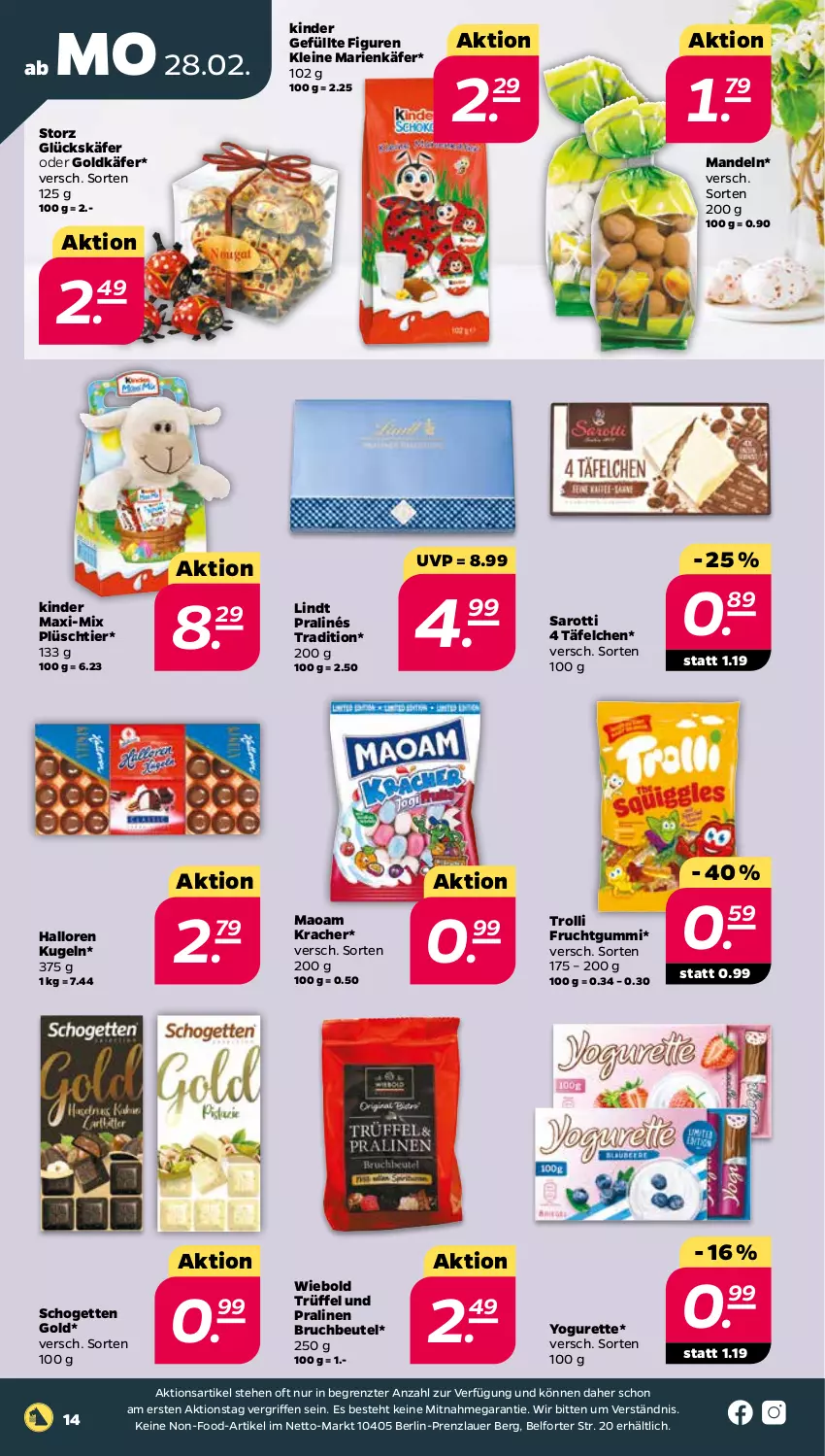 Aktueller Prospekt Netto - Angebote ab Montag - von 28.02 bis 05.03.2022 - strona 15 - produkty: auer, beutel, frucht, fruchtgummi, käfer, Kinder, Kinder Maxi, kracher, Kugel, leine, lindt, mandel, mandeln, maoam, Plüsch, pralinen, saro, sarotti, schogetten, Ti, trolli, trolli fruchtgummi, Trüffel, Yo, yogurette, ZTE