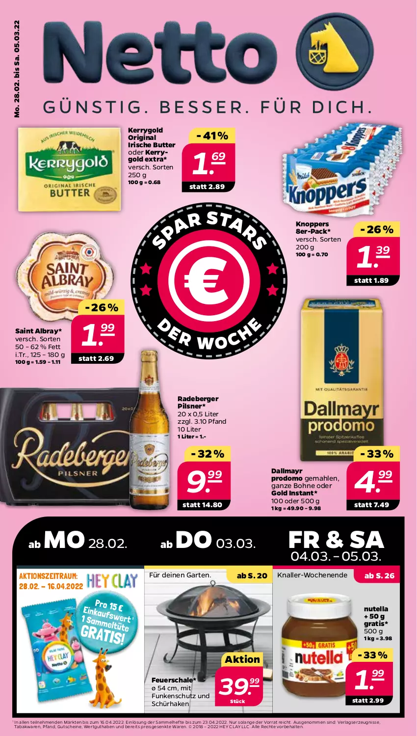 Aktueller Prospekt Netto - Angebote ab Montag - von 28.02 bis 05.03.2022 - strona 2 - produkty: albray, Berger, bohne, butter, dallmayr, dallmayr prodomo, eis, feuerschale, Garten, gin, gutschein, gutscheine, Hefte, irische butter, kerrygold, kerrygold extra, knoppers, nutella, pils, pilsner, prodomo, radeberger, radeberger pilsner, reis, saint albray, Schal, Schale, Ti