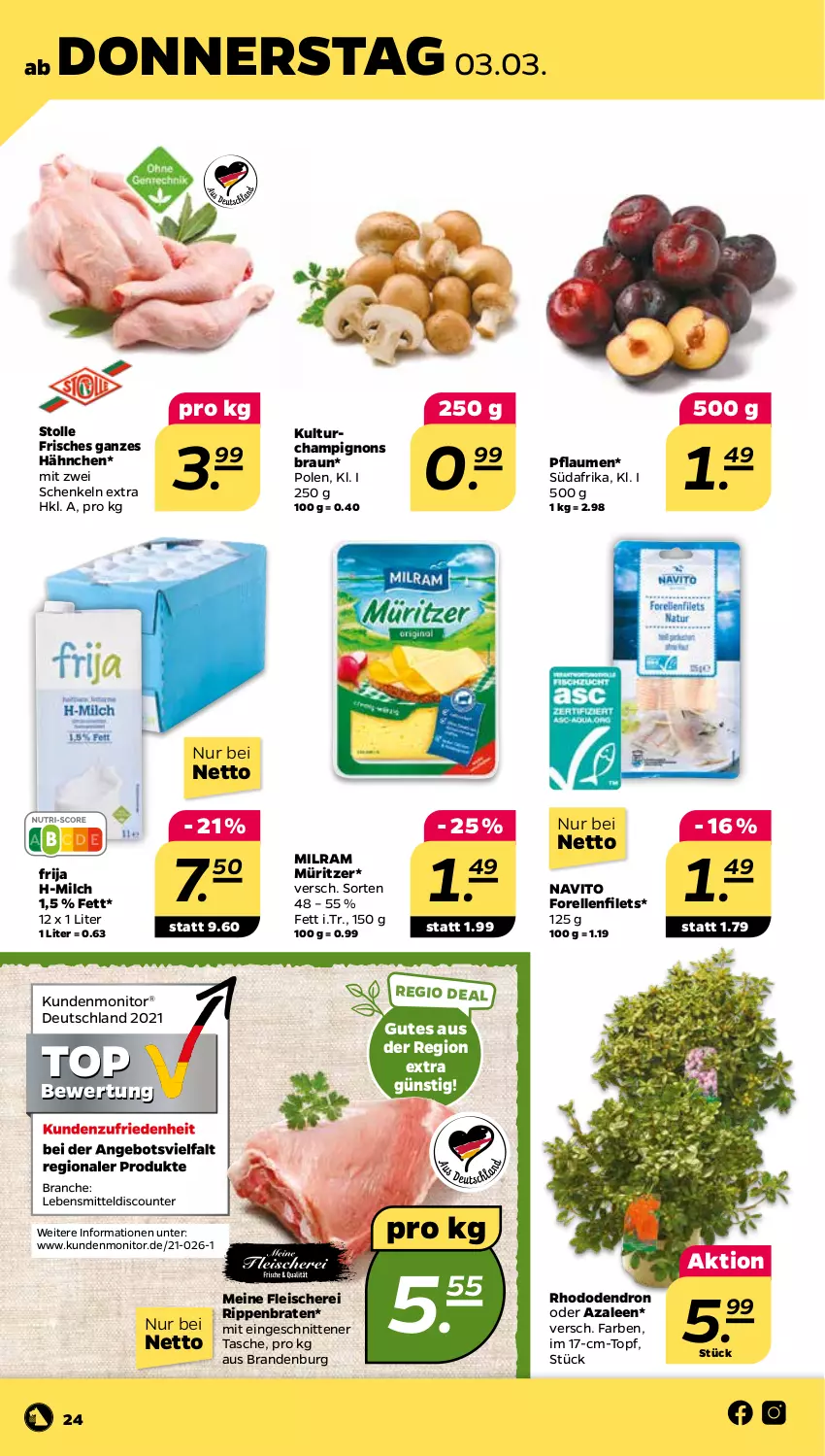 Aktueller Prospekt Netto - Angebote ab Montag - von 28.02 bis 05.03.2022 - strona 25 - produkty: braten, braun, champignon, champignons, champignons braun, eis, elle, filet, filets, fleisch, Fleischerei, forelle, henkel, milch, milram, monitor, pflaume, pflaumen, rel, Rippen, schenkel, Schere, schnitten, Tasche, Ti, topf