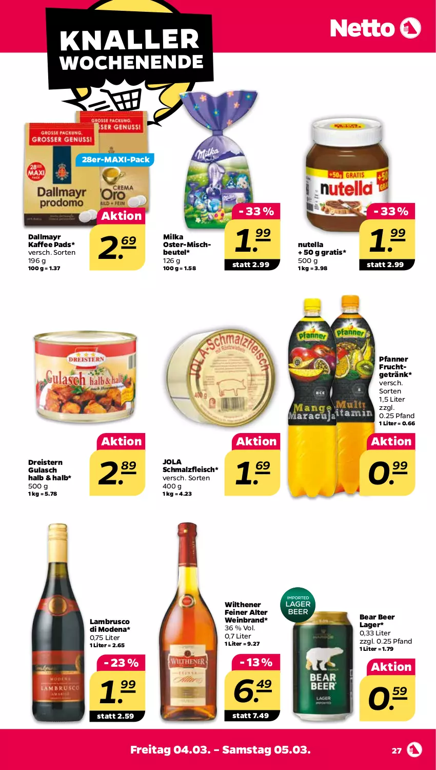 Aktueller Prospekt Netto - Angebote ab Montag - von 28.02 bis 05.03.2022 - strona 28 - produkty: beutel, dallmayr, dreistern, eis, fleisch, frucht, getränk, gulasch, kaffee, Lambrusco, malz, milka, Mode, nutella, pfanne, Pfanner, reis, Schmalz, Ti, wein, weinbrand, wilthener