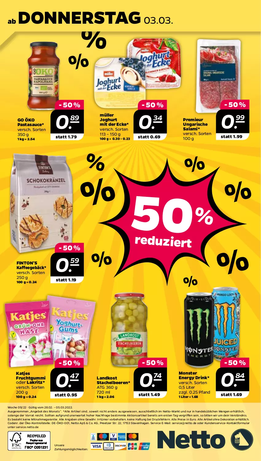 Aktueller Prospekt Netto - Angebote ab Montag - von 28.02 bis 05.03.2022 - strona 29 - produkty: alle artikel ohne dekoration, angebot, beere, beeren, dekoration, drink, eis, elle, energy drink, frucht, fruchtgummi, joghur, joghurt, joghurt mit der ecke, kaffee, katjes, Lakritz, monster, Monster Energy, Müller, ndk, oder lakritz, pasta, reis, salami, sauce, Stachelbeeren, Ti, Ungarische Salami