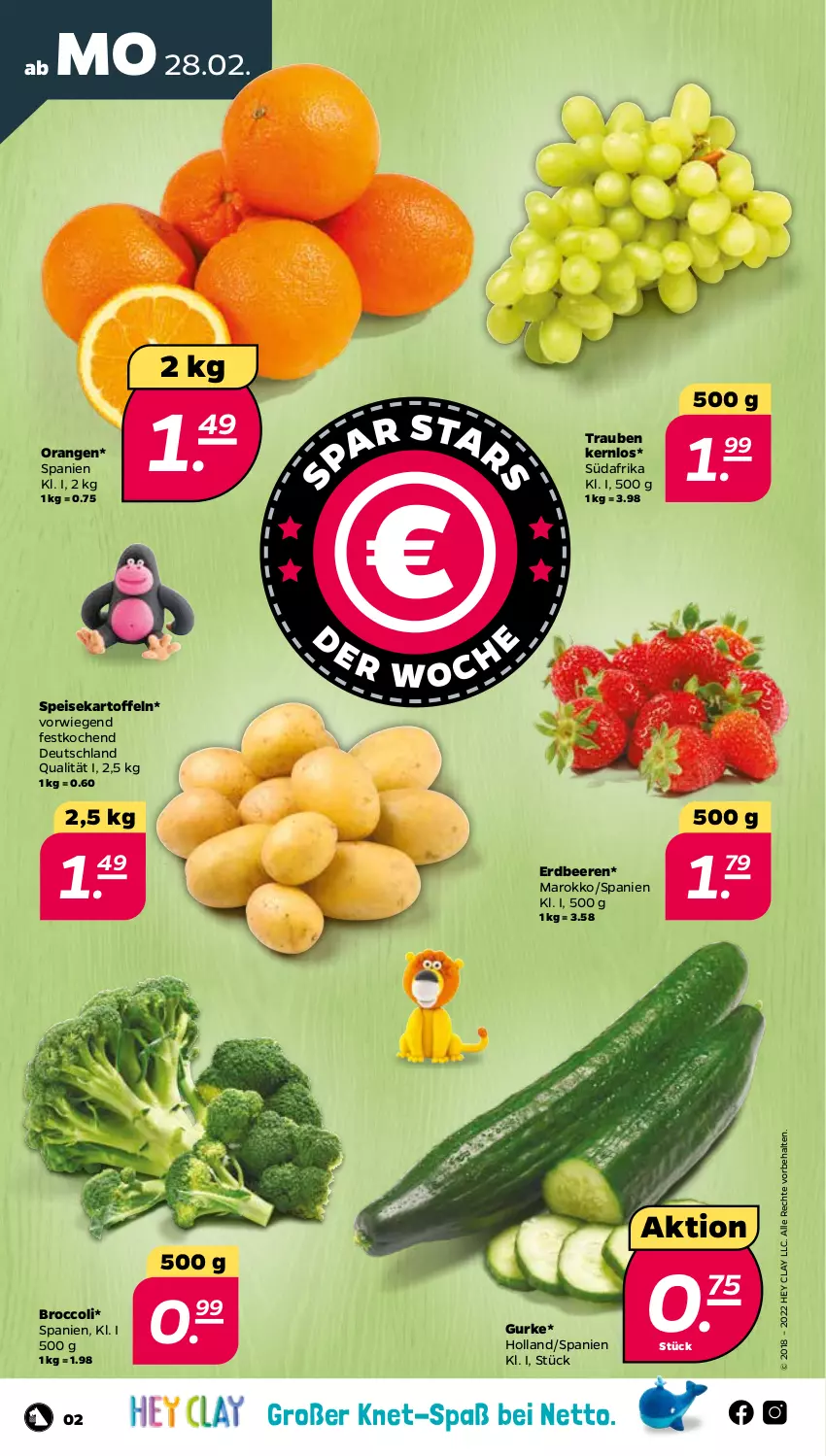 Aktueller Prospekt Netto - Angebote ab Montag - von 28.02 bis 05.03.2022 - strona 3 - produkty: beere, beeren, broccoli, eis, erdbeere, erdbeeren, gurke, kartoffel, kartoffeln, orange, orangen, speisekartoffeln, Ti, trauben