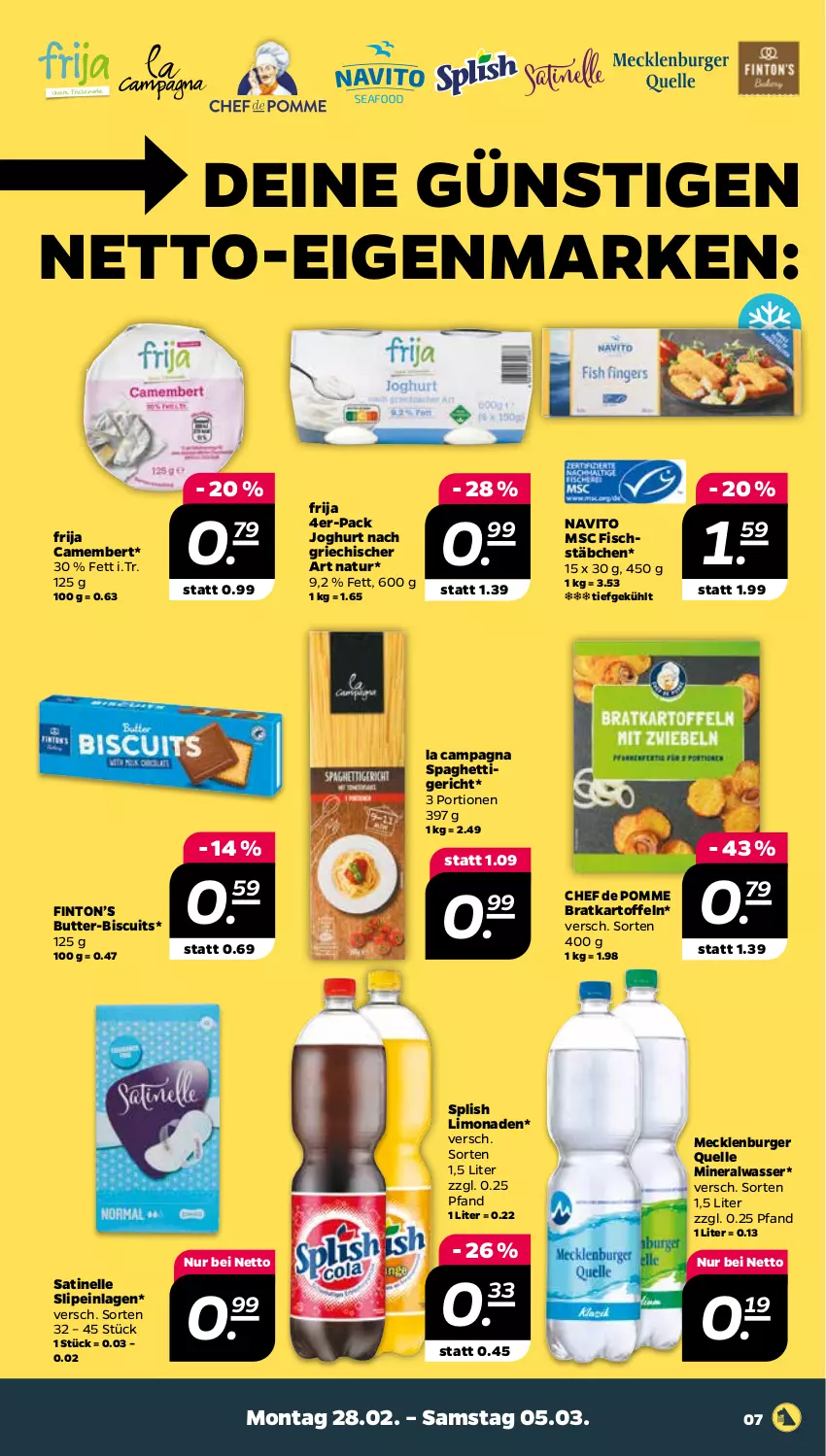 Aktueller Prospekt Netto - Angebote ab Montag - von 28.02 bis 05.03.2022 - strona 8 - produkty: Alwa, burger, butter, camembert, elle, fisch, fischstäbchen, joghur, joghurt, joghurt nach, kartoffel, kartoffeln, limo, limonade, limonaden, mineralwasser, natur, slip, slipeinlagen, spaghetti, Ti, wasser