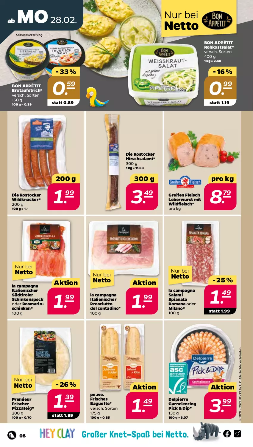 Aktueller Prospekt Netto - Angebote ab Montag - von 28.02 bis 05.03.2022 - strona 9 - produkty: aufstrich, baguette, brot, brotaufstrich, dip, eis, fleisch, garnelen, knacker, leberwurst, pizza, Pizzateig, prosciutto, reifen, ring, rosmarin, Rostocker, salami, salat, schinken, schinkenspeck, Speck, südtiroler, Ti, Wild, wurst