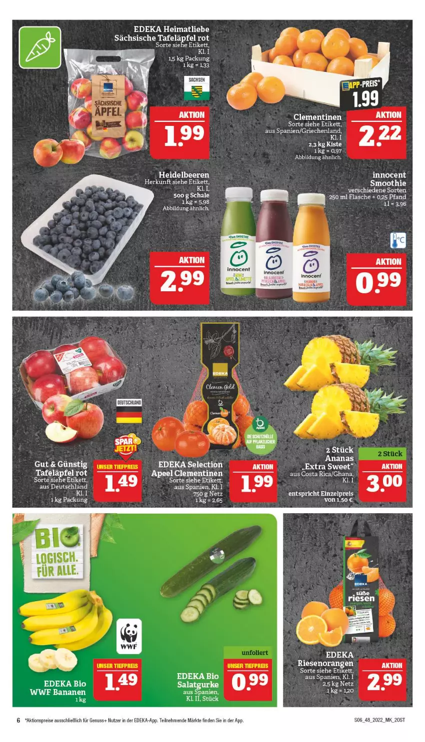 Aktueller Prospekt Marktkauf - Prospekt - von 27.11 bis 03.12.2022 - strona 10 - produkty: aktionspreis, ananas, banane, bananen, beere, beeren, bio, clementinen, deka, edeka bio, eis, flasche, heidelbeere, heidelbeeren, Innocent, nuss, orange, orangen, reis, smoothie, tafeläpfel, Ti