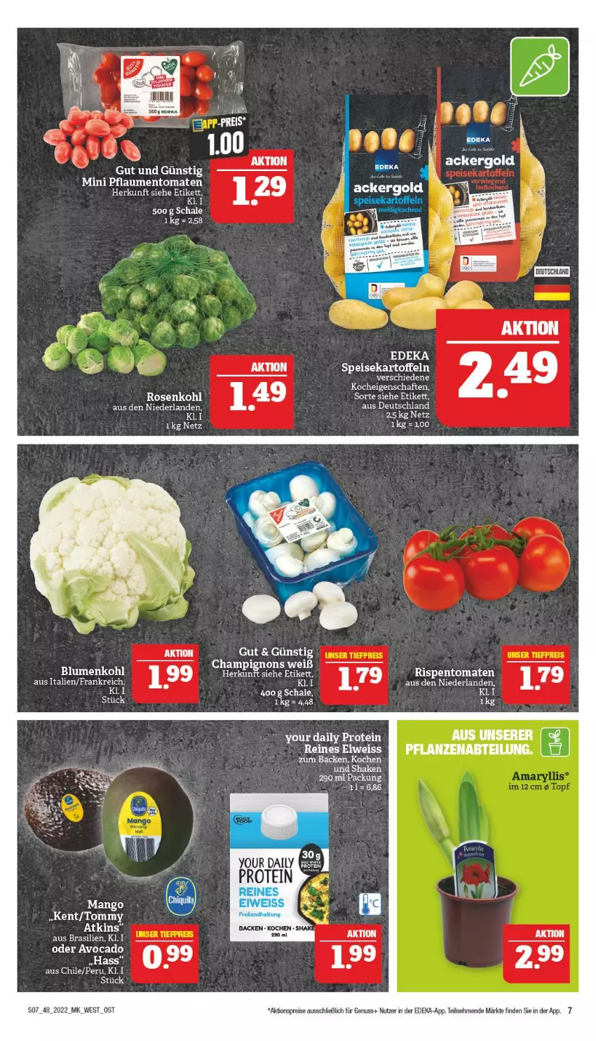 Aktueller Prospekt Marktkauf - Prospekt - von 27.11 bis 03.12.2022 - strona 11 - produkty: Abtei, ackergold, aktionspreis, avocado, champignon, champignons, deka, eis, kartoffel, kartoffeln, mango, nuss, pflanze, pflanzen, pflaume, pflaumen, reis, rispentomaten, rosen, Rosenkohl, Schal, Schale, shake, speisekartoffeln, Ti, tomate, tomaten, Yo