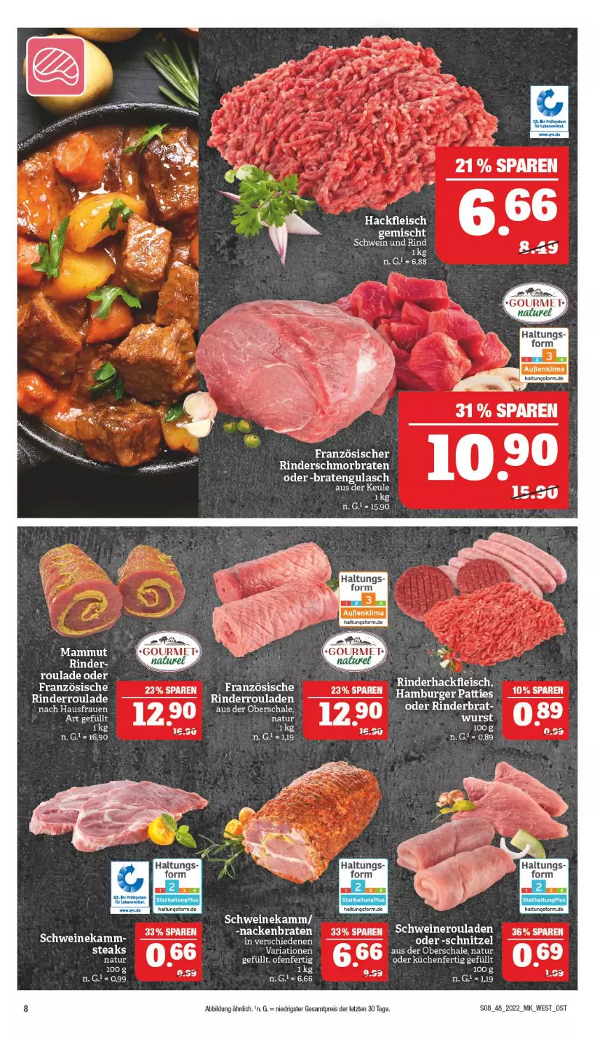 Aktueller Prospekt Marktkauf - Prospekt - von 27.11 bis 03.12.2022 - strona 12 - produkty: braten, burger, eis, fleisch, gulasch, hackfleisch, hackfleisch gemischt, hamburger, küche, Küchen, mam, natur, nero, reis, Ria, rind, rinder, Rinderroulade, rinderrouladen, rouladen, Schal, Schale, schmorbraten, schnitzel, schwein, schweine, Schweineroulade, steak, steaks, Ti, wein, weine, wurst, ZTE