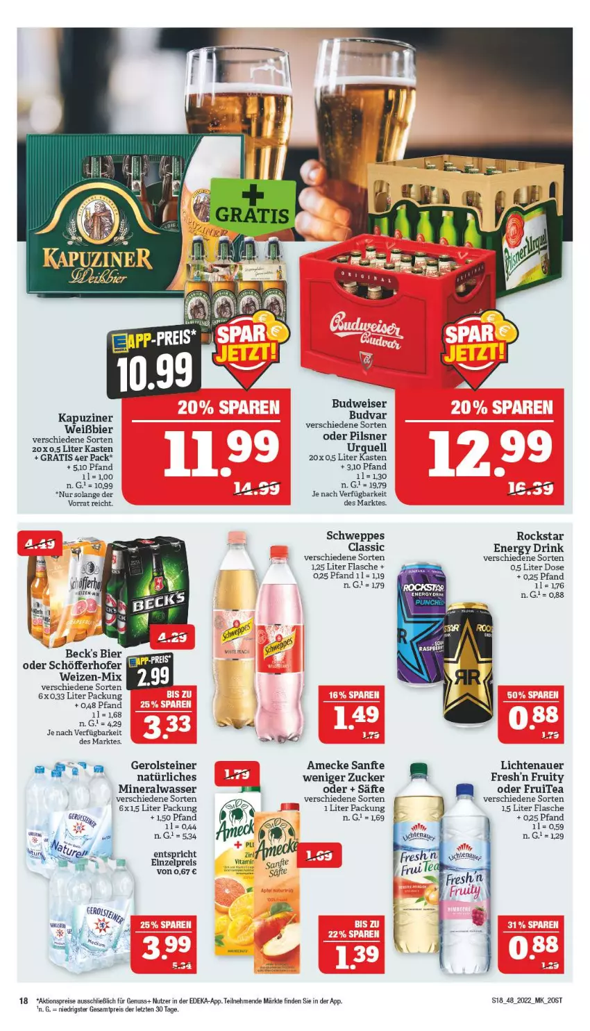 Aktueller Prospekt Marktkauf - Prospekt - von 27.11 bis 03.12.2022 - strona 22 - produkty: aktionspreis, Alwa, amecke, auer, beck's, bier, budweiser, deka, drink, eis, energy drink, flasche, gerolsteine, gerolsteiner, lichtenauer, mineralwasser, nuss, pils, pilsner, reis, Rockstar, säfte, schöfferhofer, schweppes, steiner, Ti, vita, wasser, ZTE, zucker