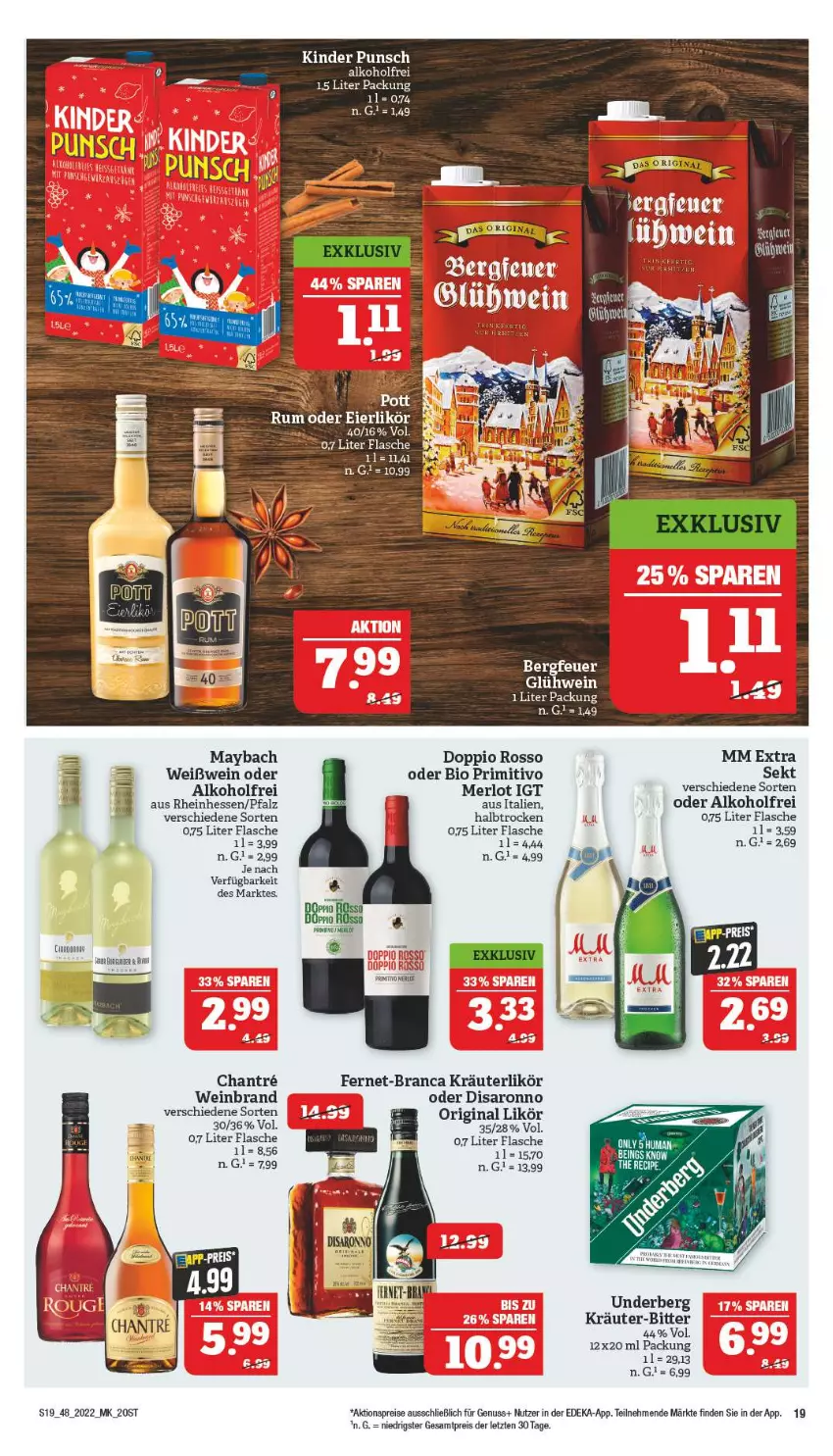 Aktueller Prospekt Marktkauf - Prospekt - von 27.11 bis 03.12.2022 - strona 23 - produkty: aktionspreis, alkohol, bio, cin, deka, eier, eierlikör, eis, Fernet, flasche, gin, kräuter, kräuterlikör, likör, maybach, merl, merlot, mm extra, nuss, primitivo, reis, saro, sekt, tee, Ti, underberg, wein, weinbrand, Weißwein, ZTE