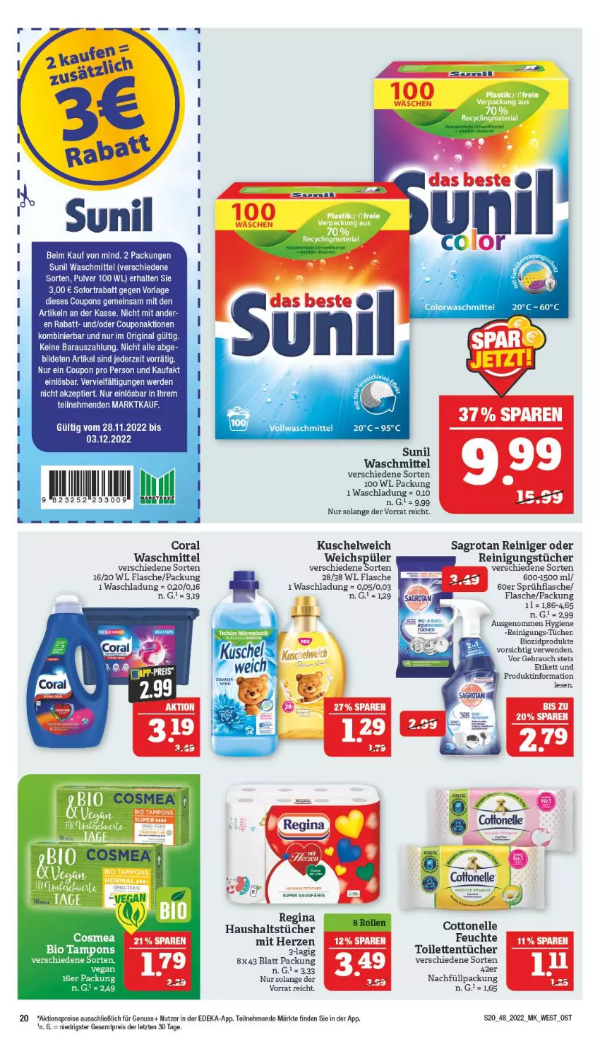 Aktueller Prospekt Marktkauf - Prospekt - von 27.11 bis 03.12.2022 - strona 24 - produkty: aktionspreis, bio, biozidprodukte, Coral, cottonelle, coupon, coupons, deka, eis, elle, flasche, gin, haushaltstücher, Kuschelweich, nuss, Rauch, reiniger, Reinigung, reis, rwe, sagrotan, sofortrabatt, sprühflasche, sunil, Ti, toilettentücher, tücher, waschmittel, ZTE