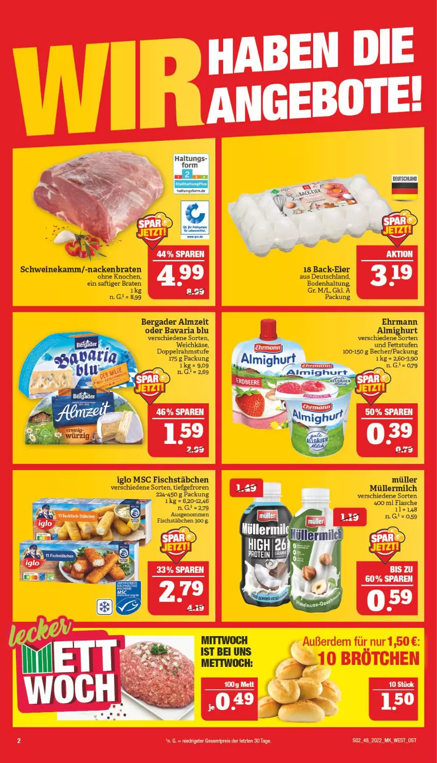 Aktueller Prospekt Marktkauf - Prospekt - von 27.11 bis 03.12.2022 - strona 6 - produkty: almighur, almighurt, bavaria blu, Becher, bergader, braten, doppelrahmstufe, ehrmann, eis, fisch, fischstäbchen, flasche, iglo, Käse, Mett, milch, Müller, müllermilch, reis, Ria, saft, schwein, schweine, Ti, weichkäse, wein, weine, ZTE