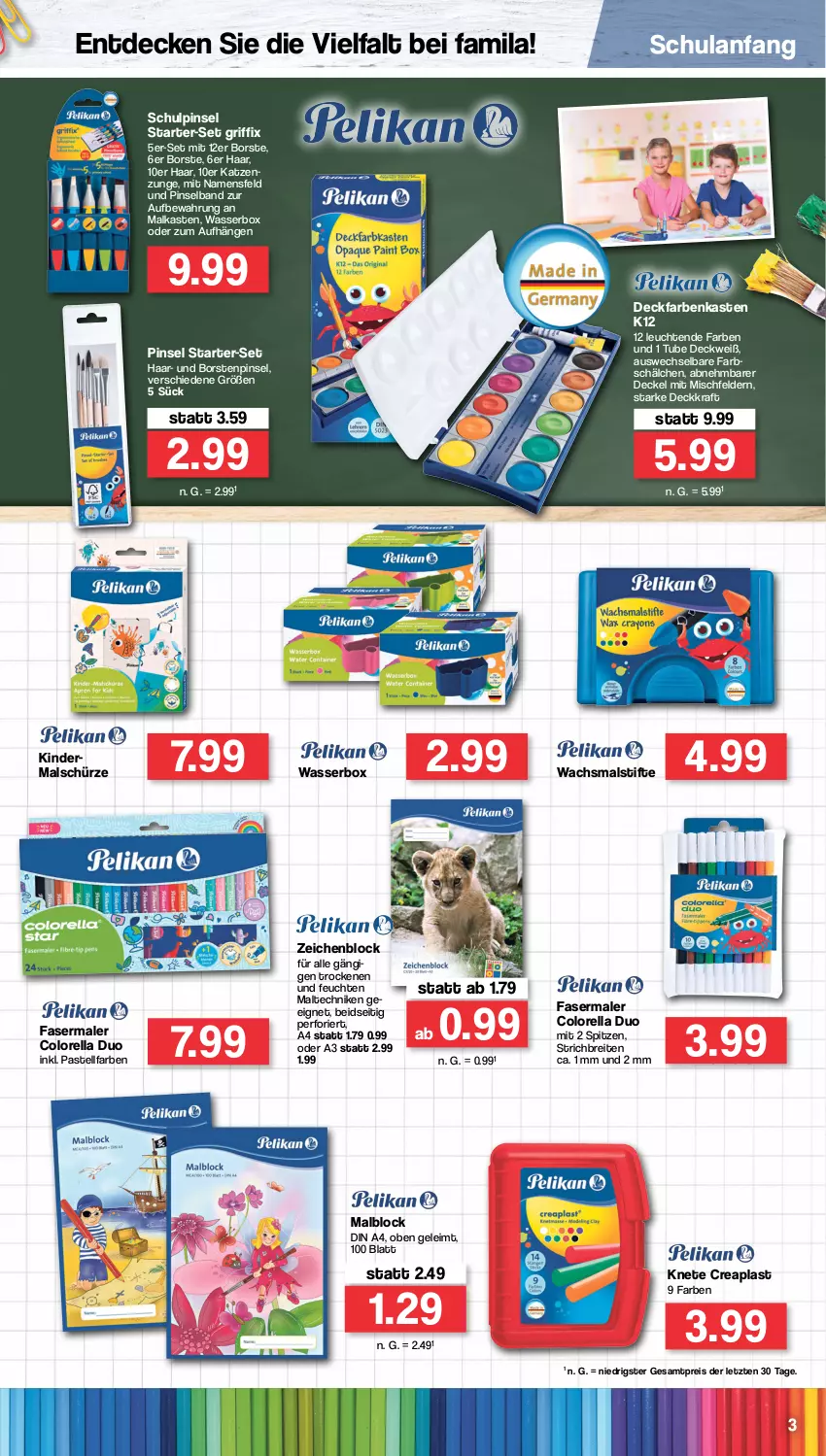 Aktueller Prospekt Famila - Prospekte - von 15.08 bis 03.09.2022 - strona 3 - produkty: Brei, decke, Deckel, din a4, eis, fasermaler, Kinder, kraft, Leuchte, leuchten, Malblock, Nike, Pinsel, reis, rel, Schürze, stifte, Ti, wasser, zeichenblock, ZTE