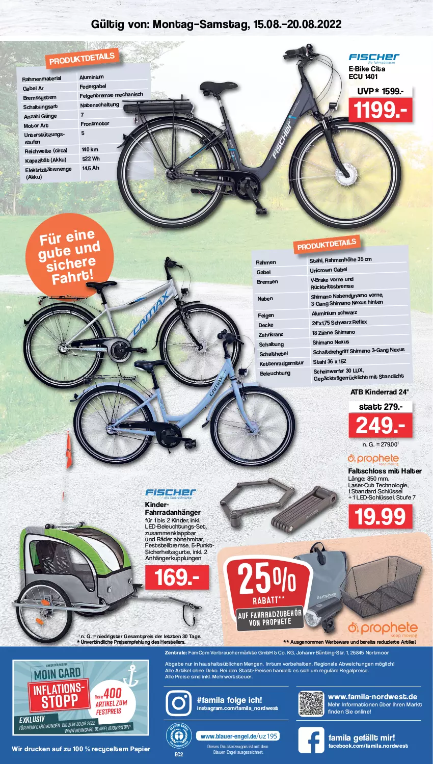 Aktueller Prospekt Famila - Prospekte - von 15.08 bis 03.09.2022 - strona 8 - produkty: akku, Anhänger, auer, beleuchtung, decke, drucker, E-Bike, eis, elle, Engel, Fahrrad, Faltschloss, felgen, gabel, garnitur, kerze, Kette, Kinder, Kinderfahrrad, Kranz, led-beleuchtung, LG, nabendynamo, nexus, papier, prophete, Rauch, regal, reis, Ria, rücklicht, rwe, Schal, shimano, teller, Ti, ZTE