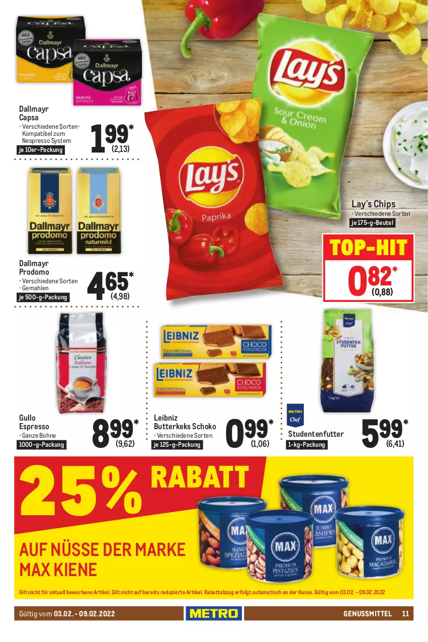 Aktueller Prospekt Metro - Food - von 03.02 bis 09.02.2022 - strona 11 - produkty: auto, beutel, bohne, butter, butterkeks, Cap, chips, dallmayr, dallmayr capsa, dallmayr prodomo, ente, espresso, keks, leibniz, LG, nespresso, nuss, prodomo, schoko, studentenfutter, Ti, tisch, top-hit