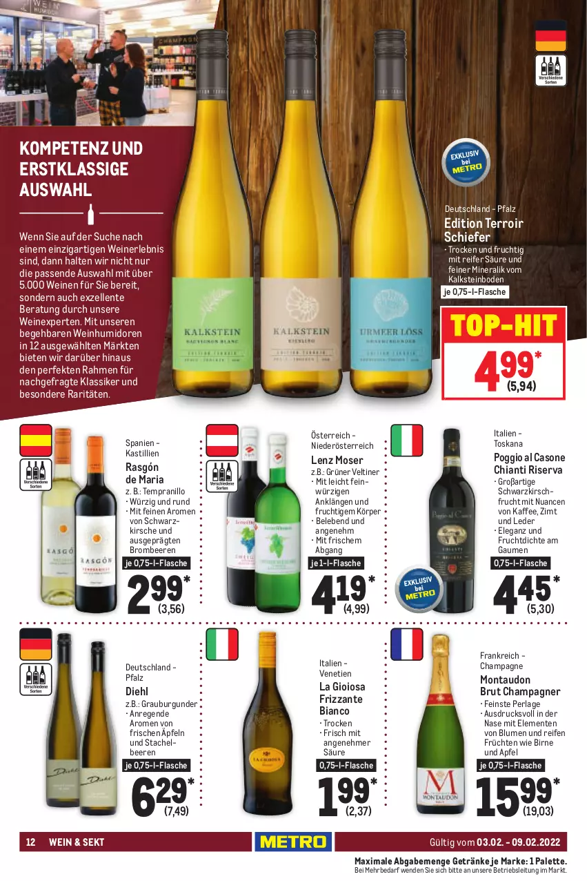 Aktueller Prospekt Metro - Food - von 03.02 bis 09.02.2022 - strona 12 - produkty: apfel, asti, beere, beeren, blume, blumen, brombeere, brombeeren, brut, burgunder, champagne, champagner, chia, chianti, elle, ente, flasche, frizzante, frucht, früchte, früchten, getränk, getränke, grauburgunder, kaffee, kirsch, kirsche, La Gioiosa, Lenz Moser, moser, Nuance, Palette, perla, reifen, Ria, riserva, sekt, Stachelbeeren, tempranillo, Ti, top-hit, wein, weine