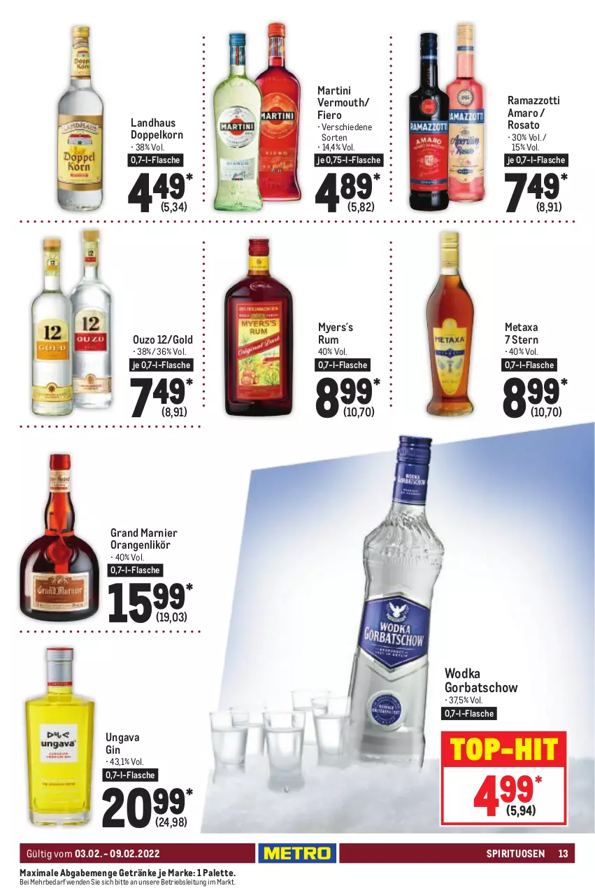 Aktueller Prospekt Metro - Food - von 03.02 bis 09.02.2022 - strona 13 - produkty: amaro, doppelkorn, flasche, getränk, getränke, gin, Gorbatschow, korn, likör, martini, Metaxa, orange, orangen, ouzo, ouzo 12, Palette, rama, ramazzott, ramazzotti, rosato, rum, spirituosen, Ti, top-hit, Vermouth, wodka, zott