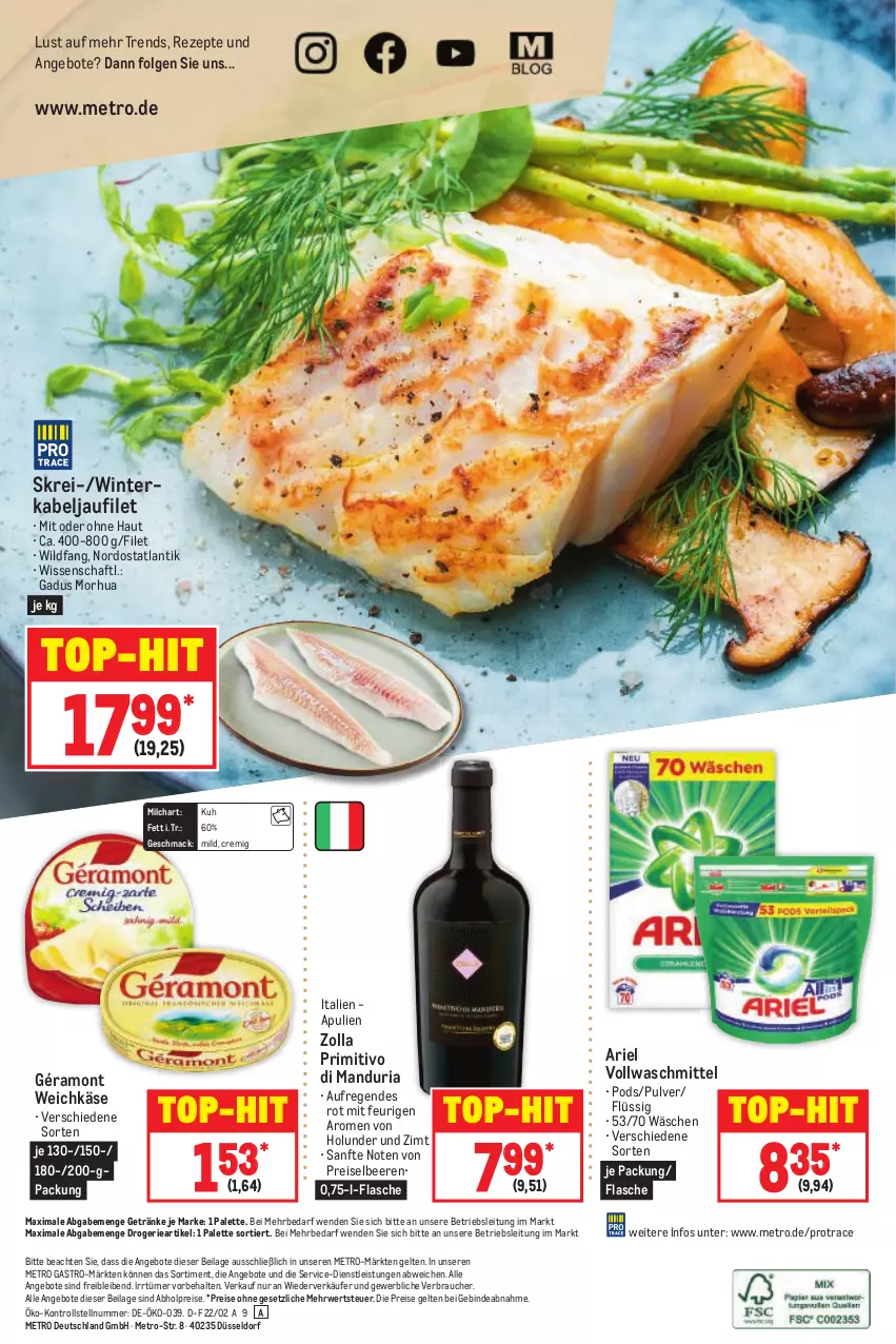 Aktueller Prospekt Metro - Food - von 03.02 bis 09.02.2022 - strona 16 - produkty: abholpreise, angebot, angebote, ariel, beere, beeren, eis, filet, flasche, géramont, getränk, getränke, holunder, ilag, kabeljaufilet, Käse, LG, mac, Metro, metro gastro, milch, Palette, Pods, primitivo, Rauch, reis, rezept, rezepte, Ria, rwe, Ti, top-hit, vollwaschmittel, waschmittel, weichkäse, Wild