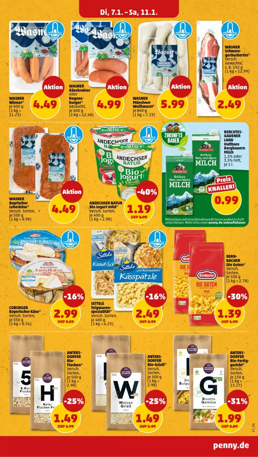 Aktueller Prospekt Penny - Prospekte - von 06.01 bis 11.01.2025 - strona 17 - produkty: andechser natur, auer, Bau, Bauer, bio, burger, hafer, jogurt, Käse, Käsekrainer, LG, mac, milch, natur, risotto, teigwaren, tesa, Ti, Weißwurst, wiener, wurst