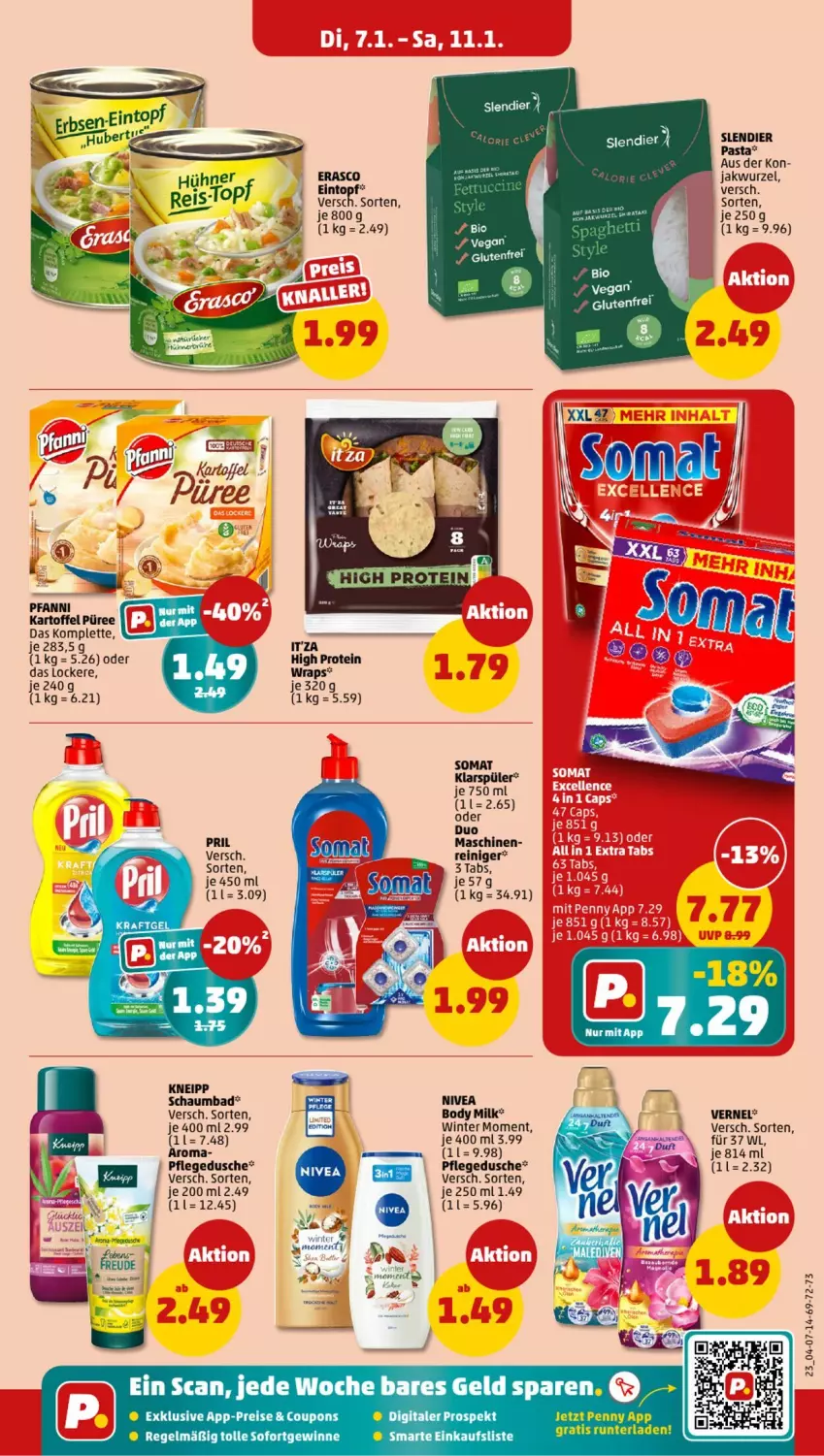 Aktueller Prospekt Penny - Prospekte - von 06.01 bis 11.01.2025 - strona 23 - produkty: Bad, bio, body, body milk, coupon, coupons, dusche, eintopf, eis, erasco, kartoffel, klarspüler, kraft, nivea, pasta, pfanni, pflegedusche, pril, püree, reiniger, reis, schaumbad, somat, Ti, topf, vernel, wrap, wraps