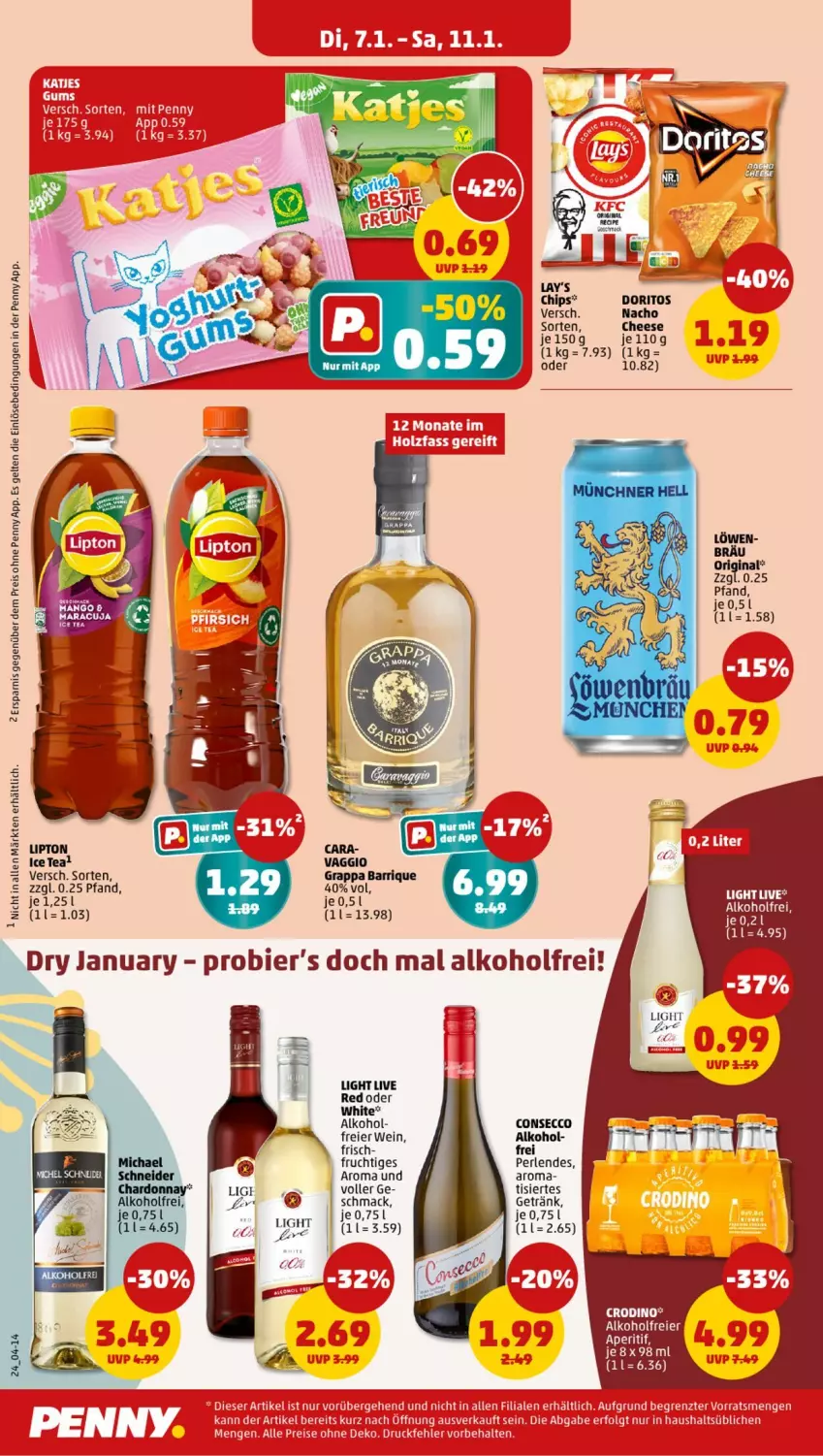 Aktueller Prospekt Penny - Prospekte - von 06.01 bis 11.01.2025 - strona 24 - produkty: alkohol, aperitif, chips, Doritos, ecco, eier, frucht, getränk, gin, grappa, ice tea, lipton, mac, nacho, perlen, Ti, wein