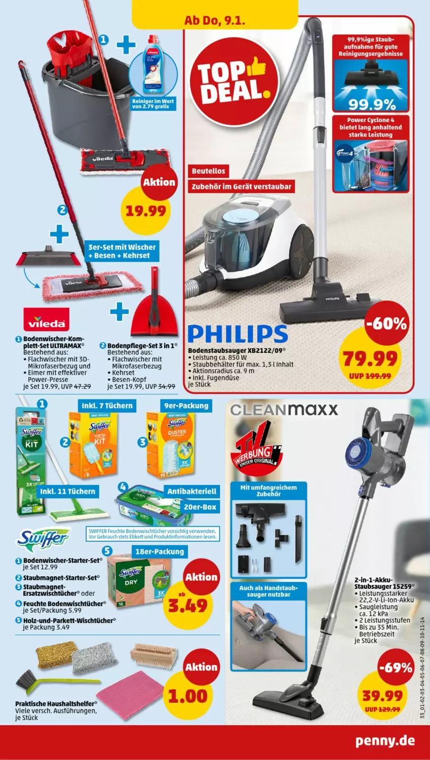 Aktueller Prospekt Penny - Prospekte - von 06.01 bis 11.01.2025 - strona 33 - produkty: akku, Behälter, bodenstaubsauger, bodenwischer, eimer, eis, Holz, li-ion-akku, mikrofaser, rama, Rauch, reiniger, rwe, staubmagnet, staubsauger, swiffer, Ti, tisch, tücher